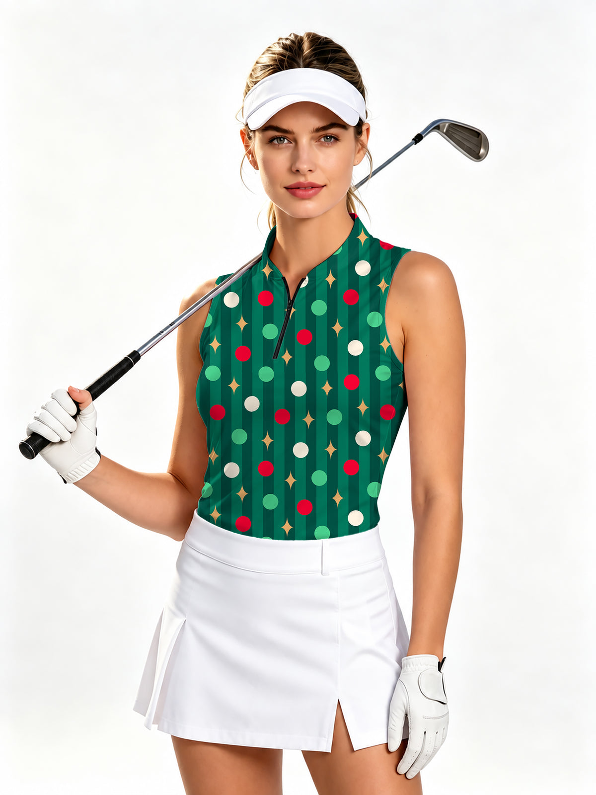 Green Christmas Lollipops Women's Quarter Zip Mock Neck Sleeveless Golf Athletic Blouse