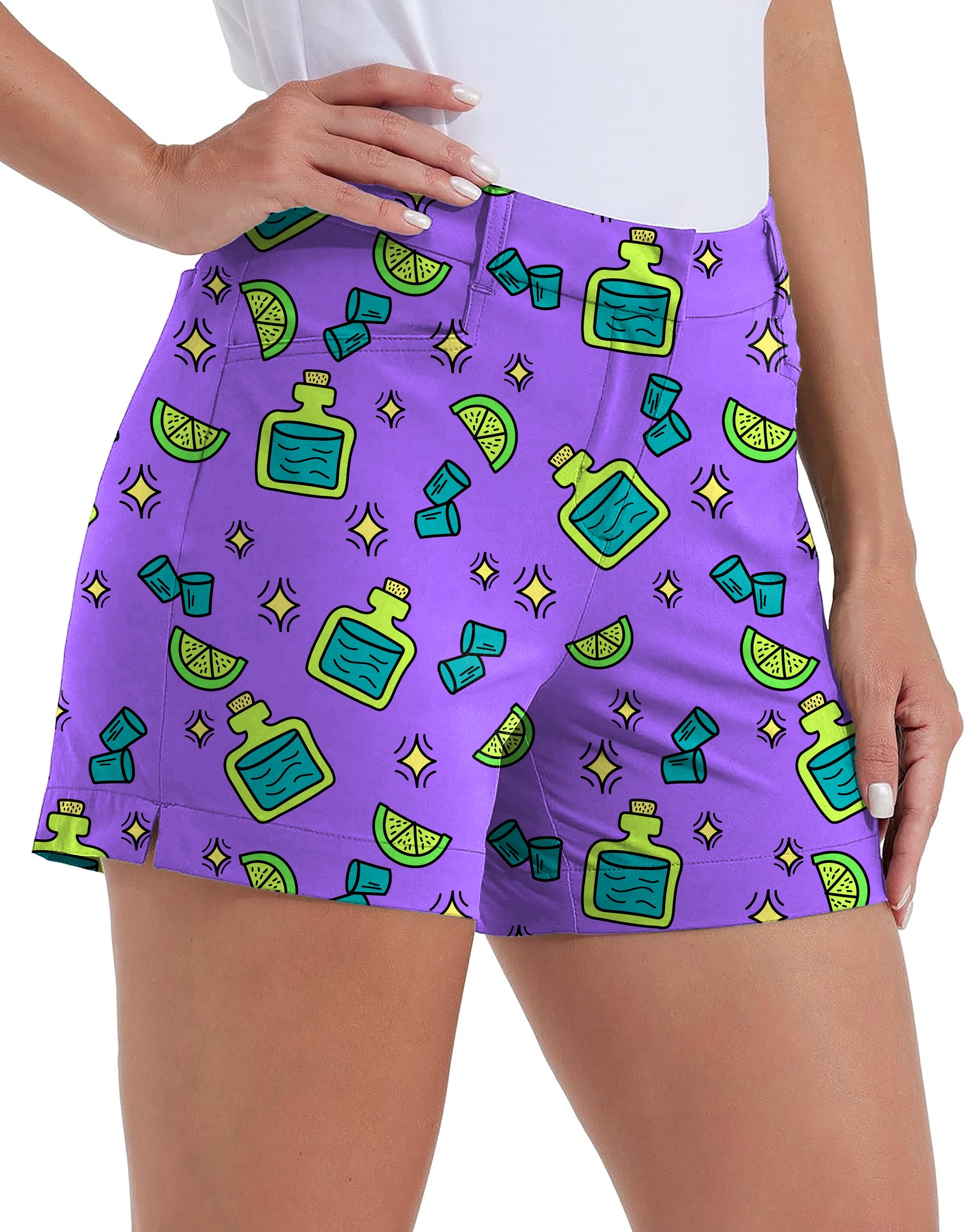 Women’s Shots! Polo Own Logo quick-dry waterproof golf shorts with pockets, purple design with bottles and limes