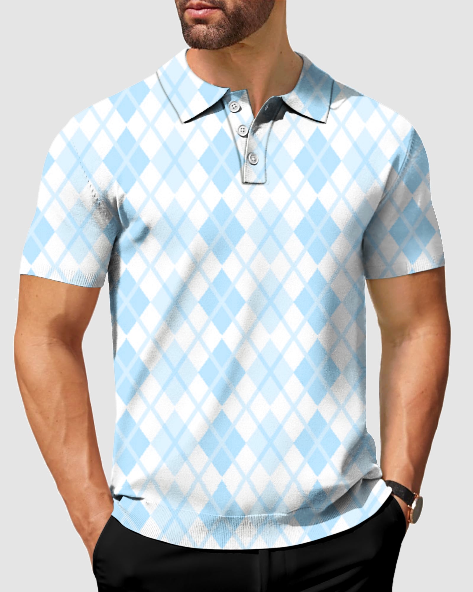 Argyle Men's bule grid golf polo US In Stock