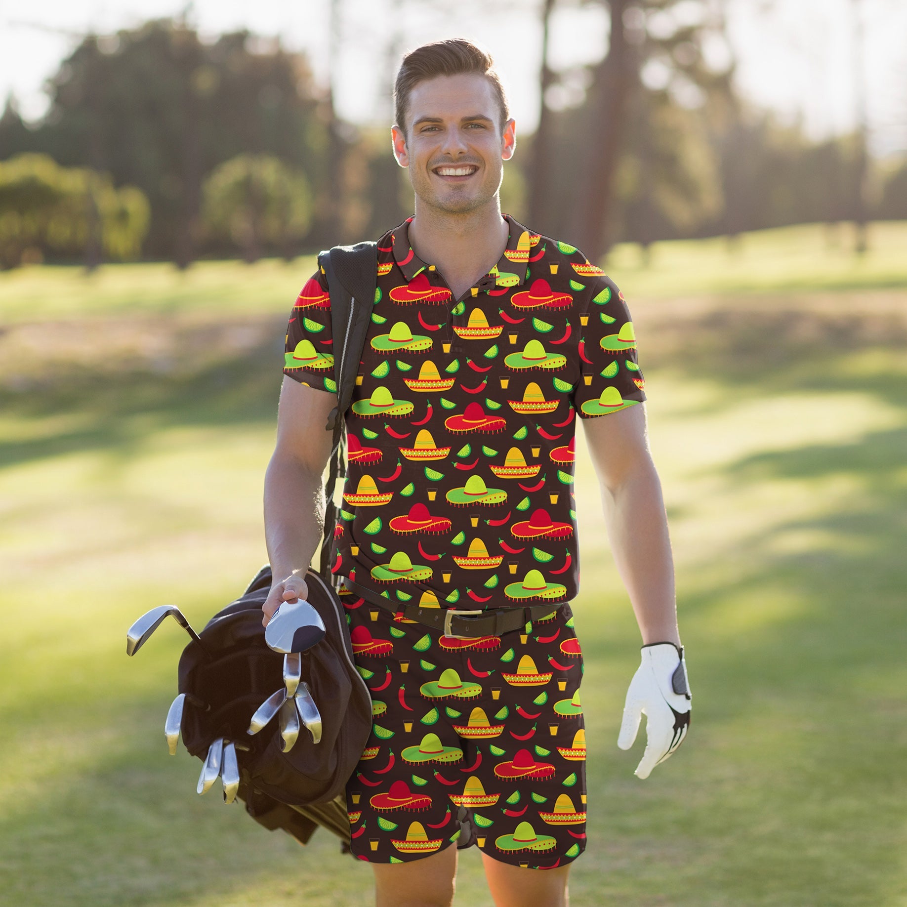 Men's Golf Set Taco Tuesday polo and shorts with colorful sombrero pattern, moisture-wicking, stretchy fabric, UPF 40+ protection, wrinkle-resistant and classic fit.