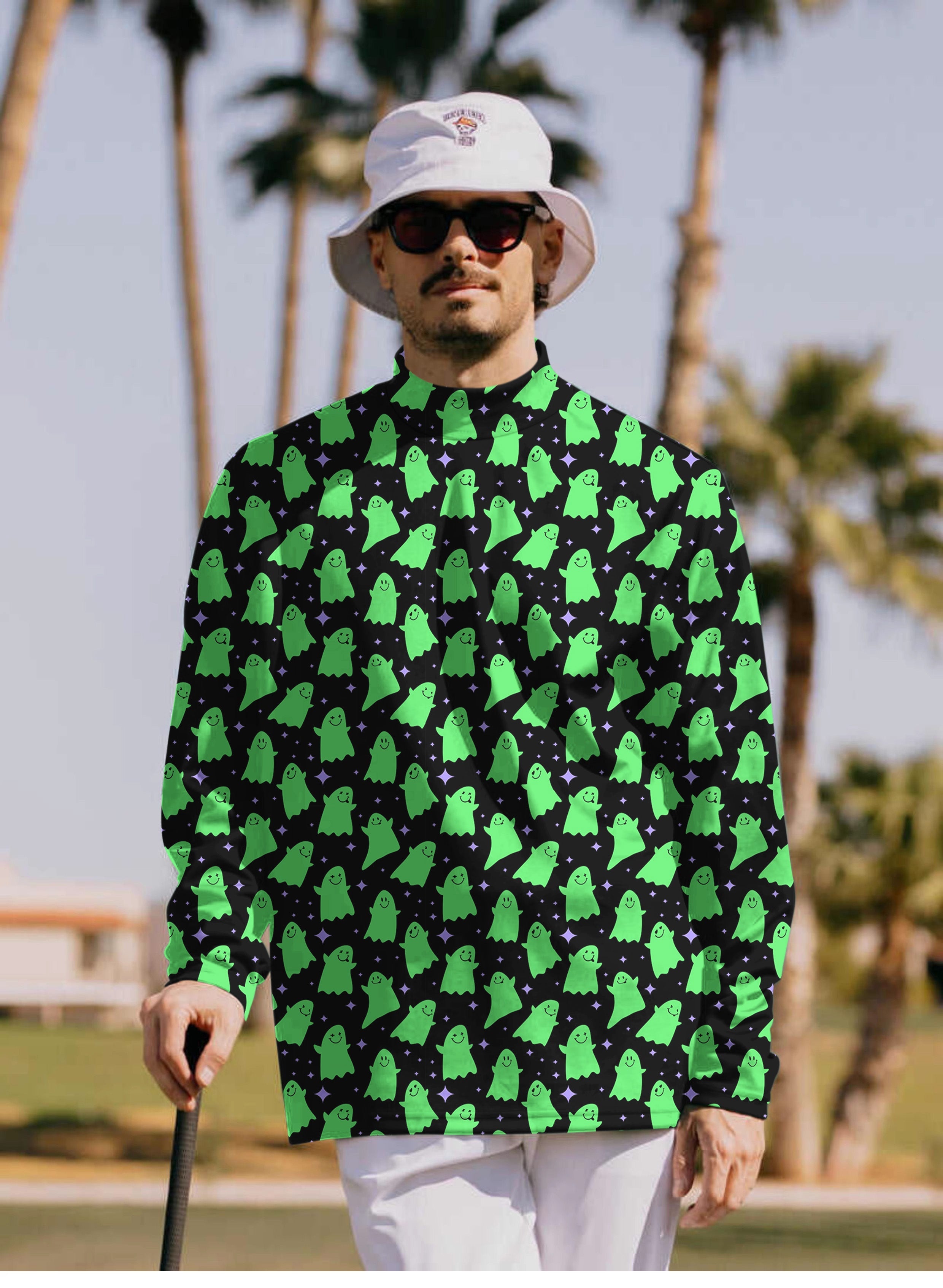 Men's Green Ghost Halloween pullover high neck long sleeve T-shirt with repeated ghost pattern