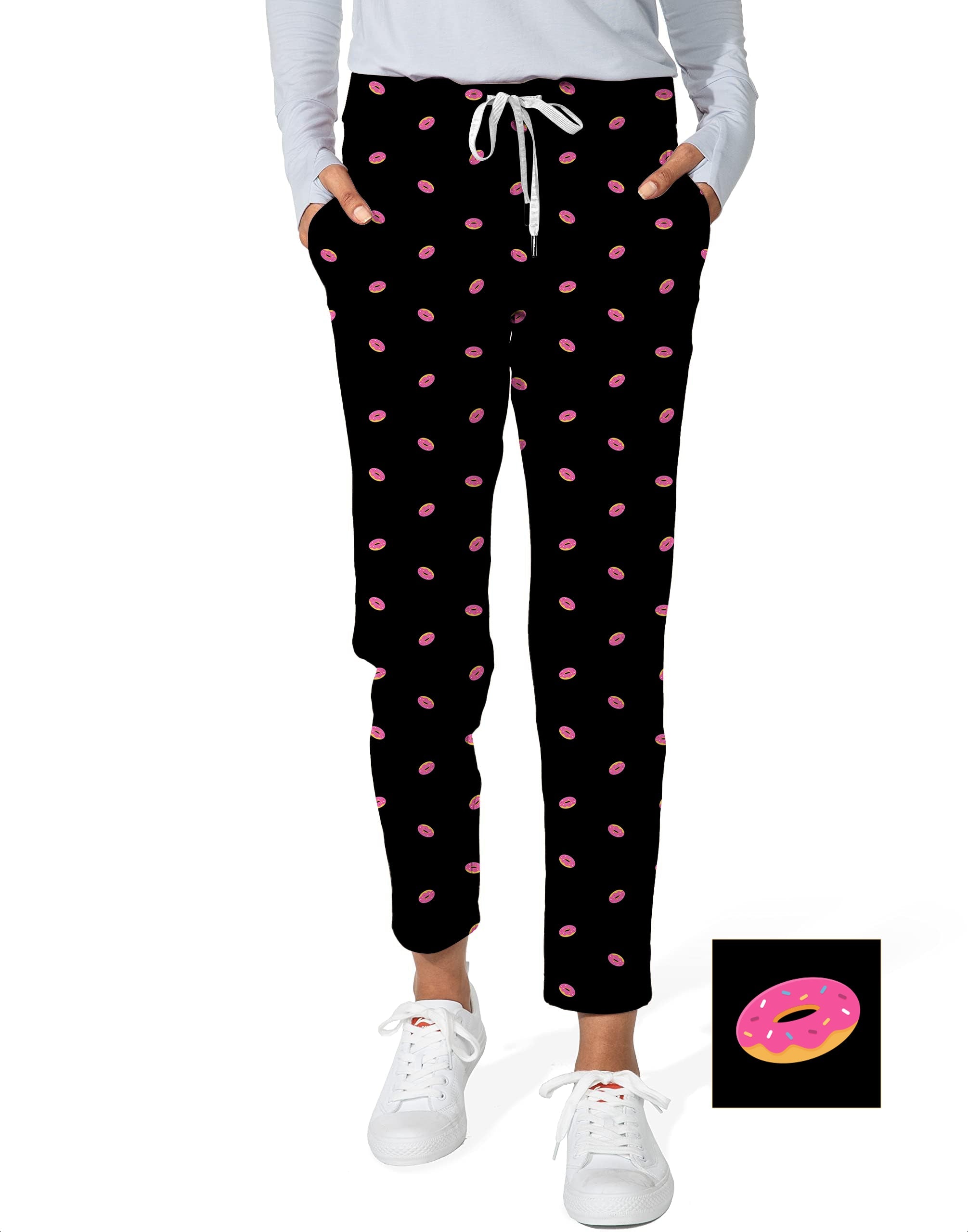 Women’s Donut Custom black 7/8 stretch ankle golf pants with pink donut pattern and white drawstring