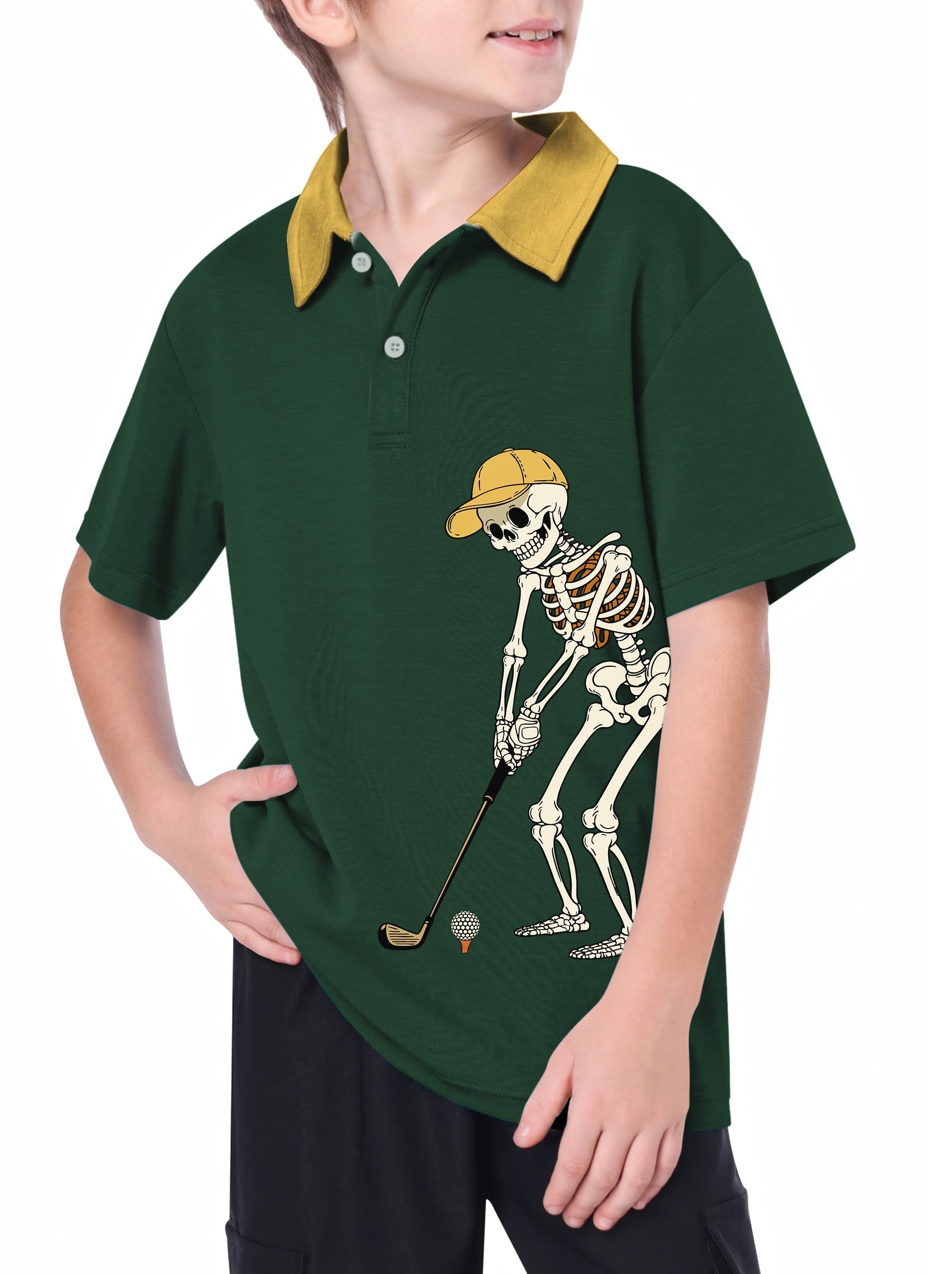 Youth golf polo with yellow collar and green fabric featuring Halloween skeleton golfer design