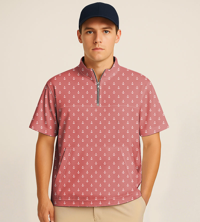 Men's pink half zipper turtleneck golf shirt with red anchor embroidery and customizable options.