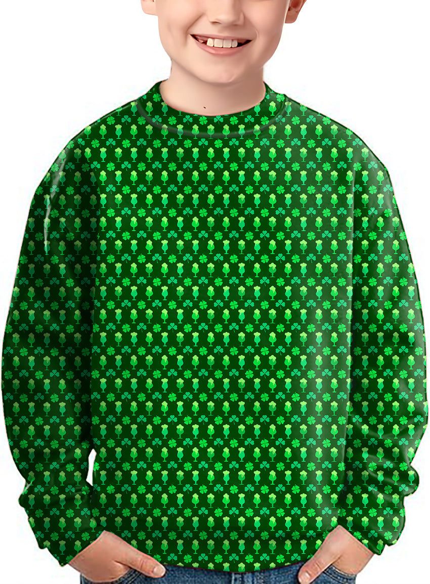 Kids green beer clover leaf St. Patrick's Day crewneck pullover sweater