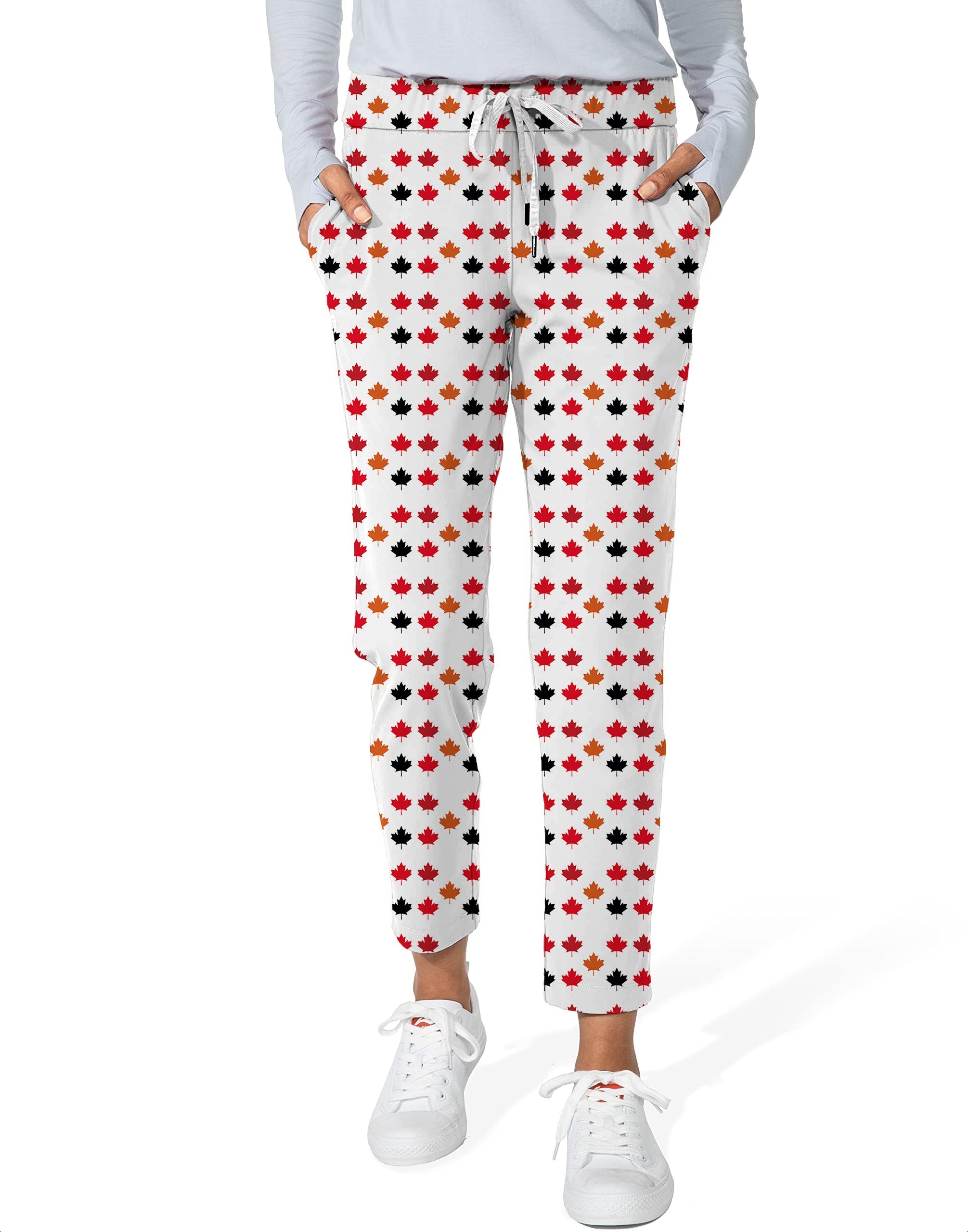 Women's 7/8 stretch ankle golf pants with Canada Four Color Maple Leaves pattern