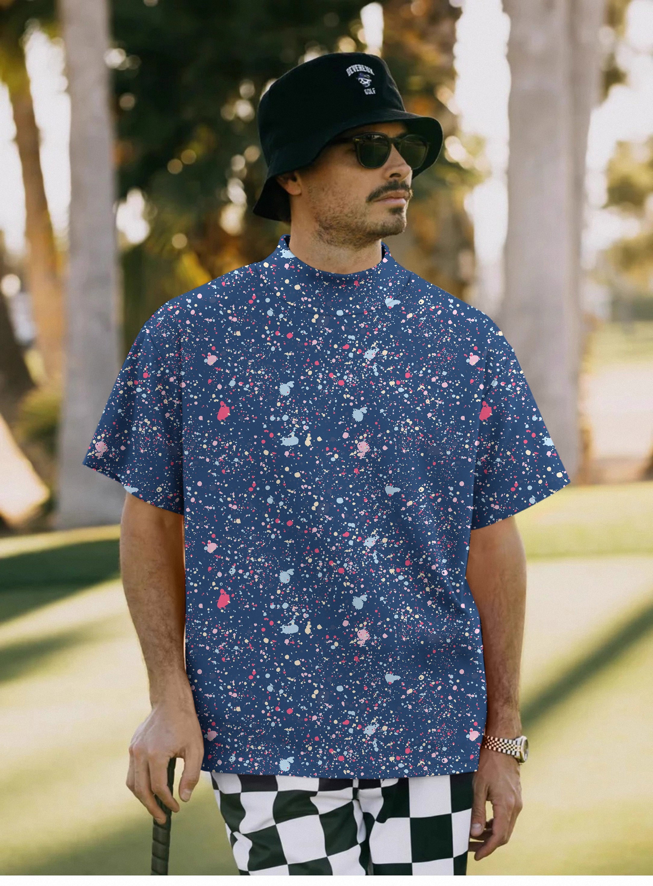 Men's navy blue ink dots high neck pullover T-shirt with short sleeves and golf style