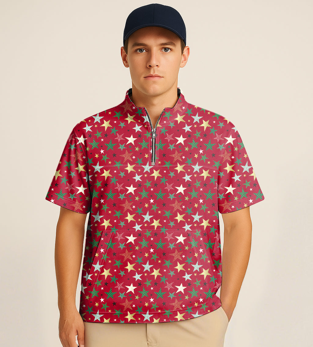 Half zipper turtleneck golf shirt with colorful stars and Christmas embroidery
