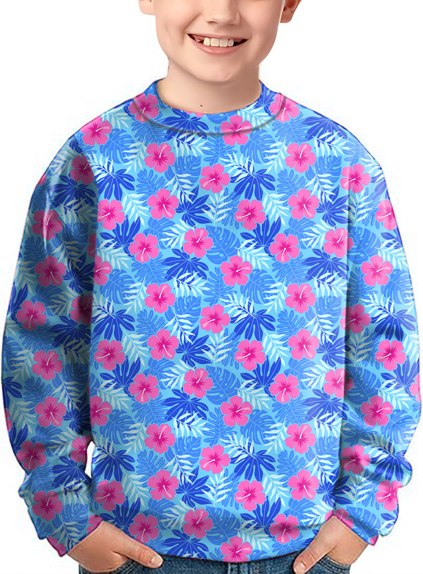 Kids crewneck pullover with vivid bloom flower pattern in blue and pink colors