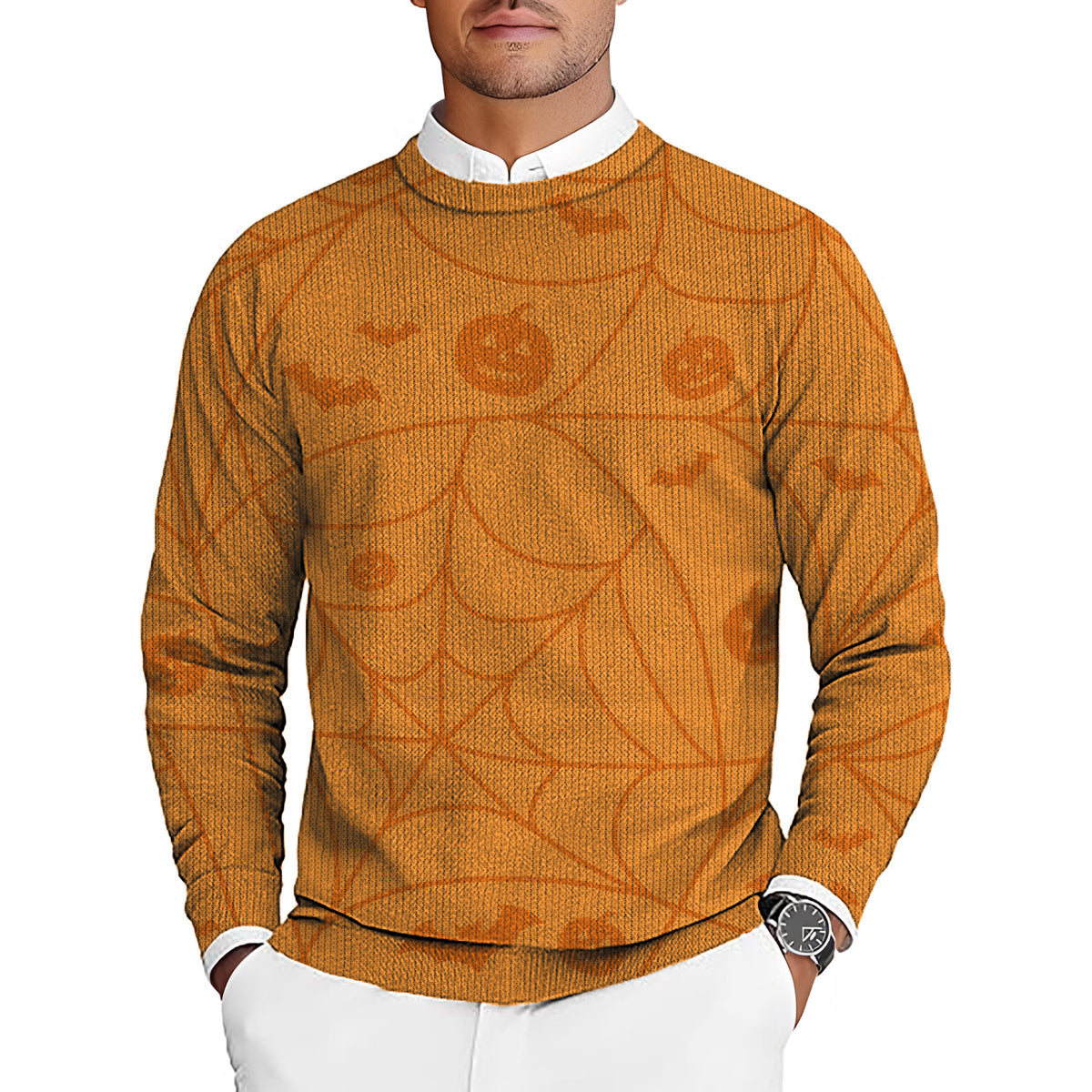 Halloween Spiderweb Pumpkin Men's Golf Crewneck Pullover Sweaters Ugly Sweater
