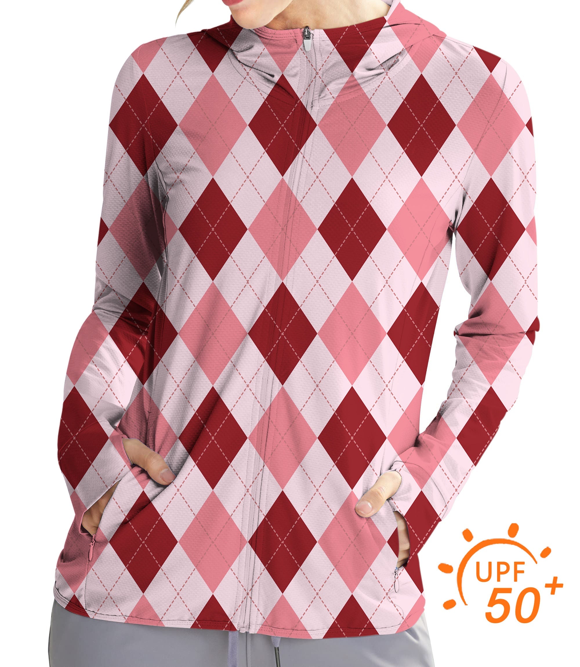 Women's outdoor pink argyle slim fit golf sun protection hoodie with UPF 50+ fabric and thumb holes