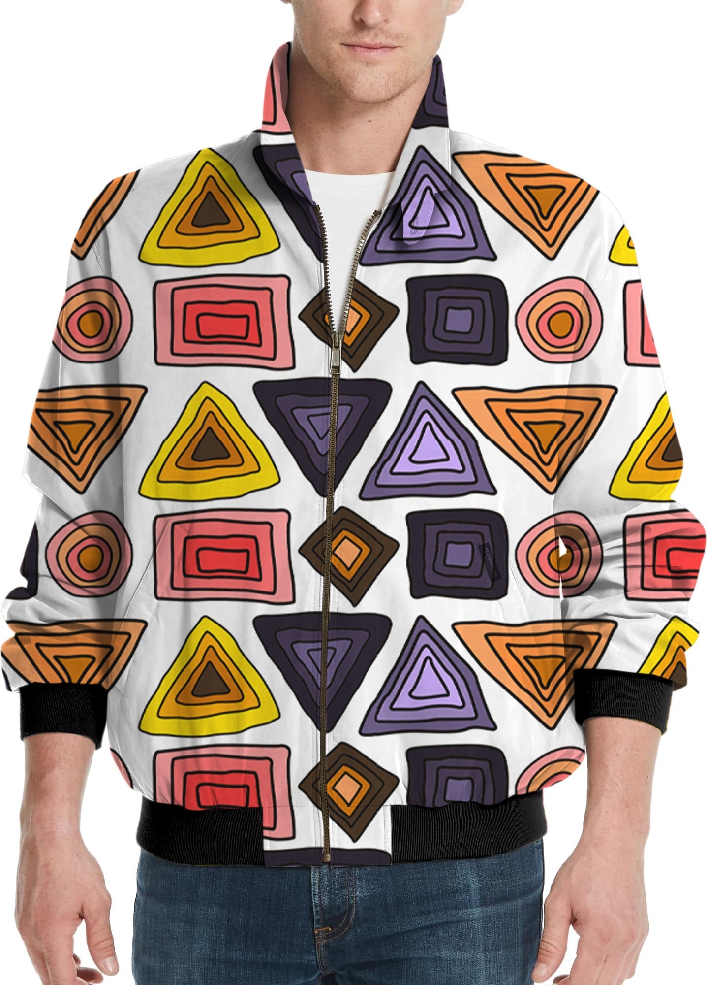 Men's golf windbreaker jacket with colorful triangle tribal pattern and black cuffs