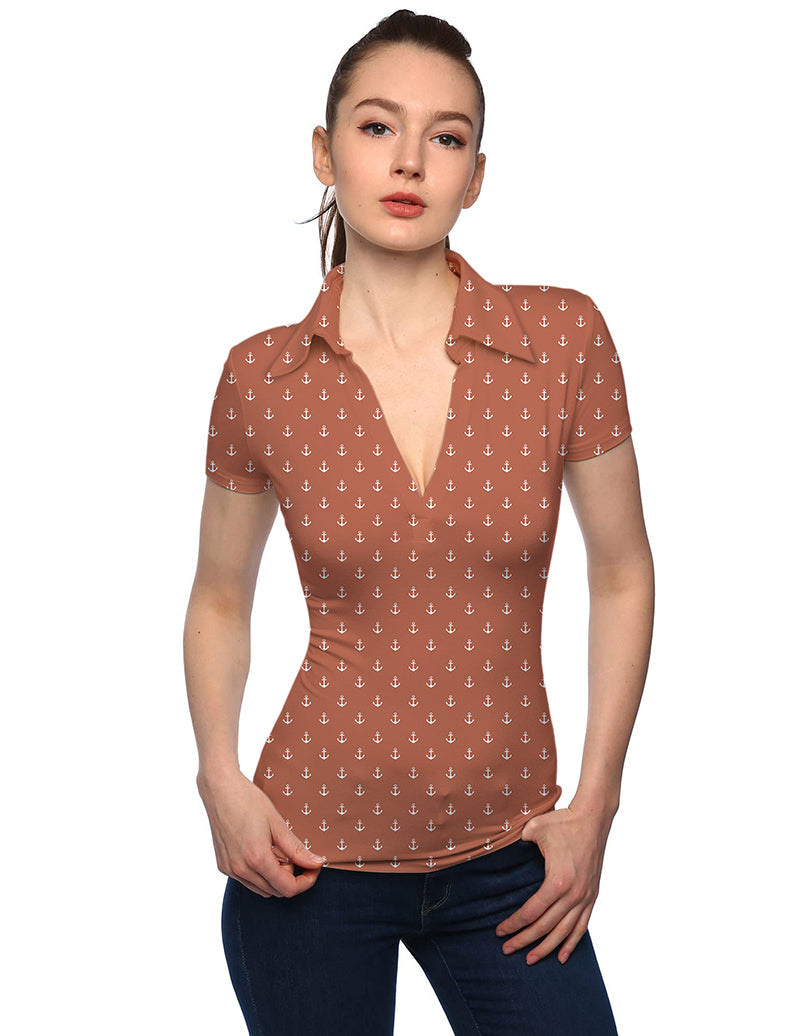 Women's dark orange anchor pattern V-neck golf polo shirt with stand collar and short sleeves