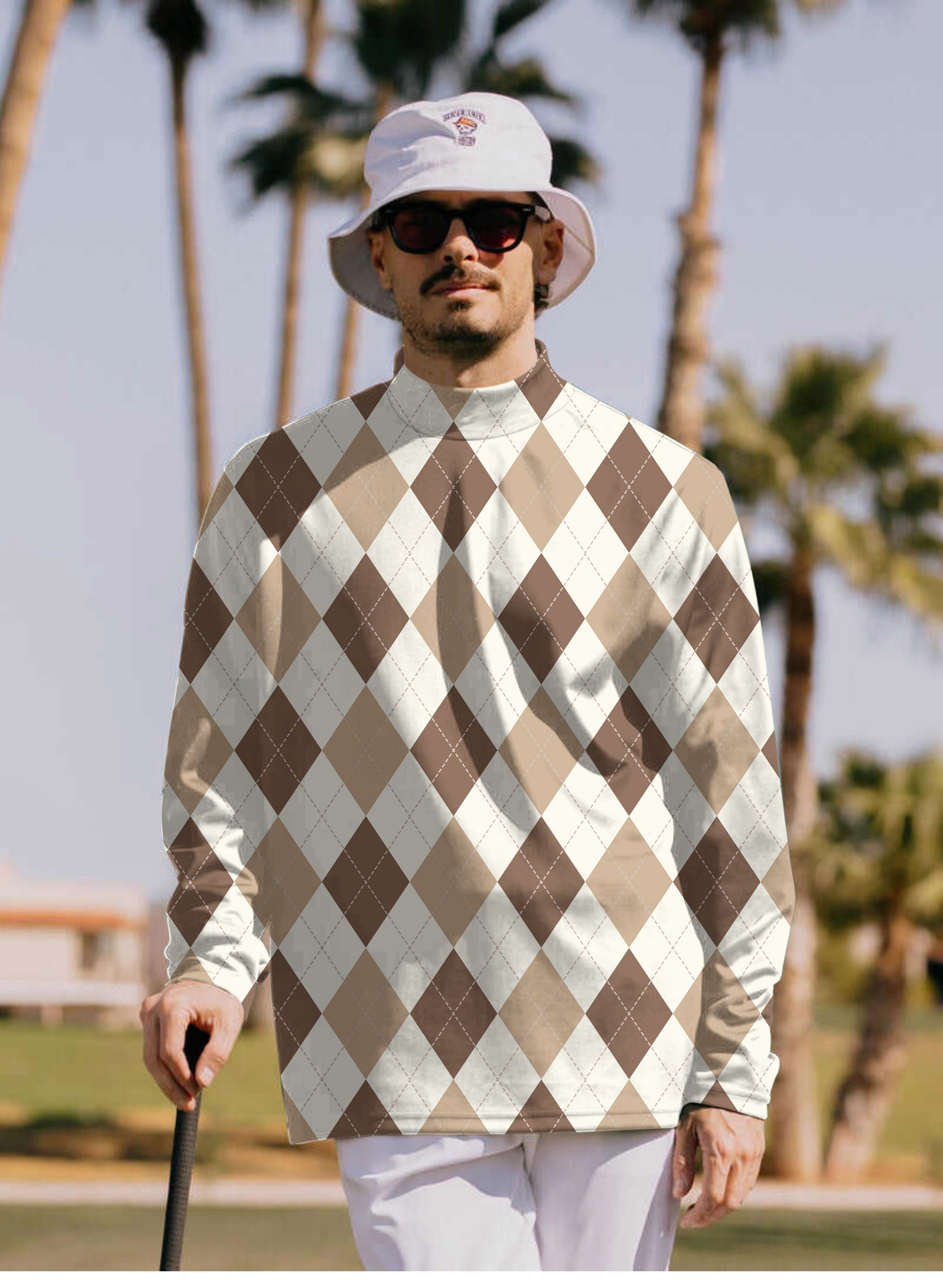 Men's brown Argyle Pullover High neck Long/Short sleeve T-Shirt