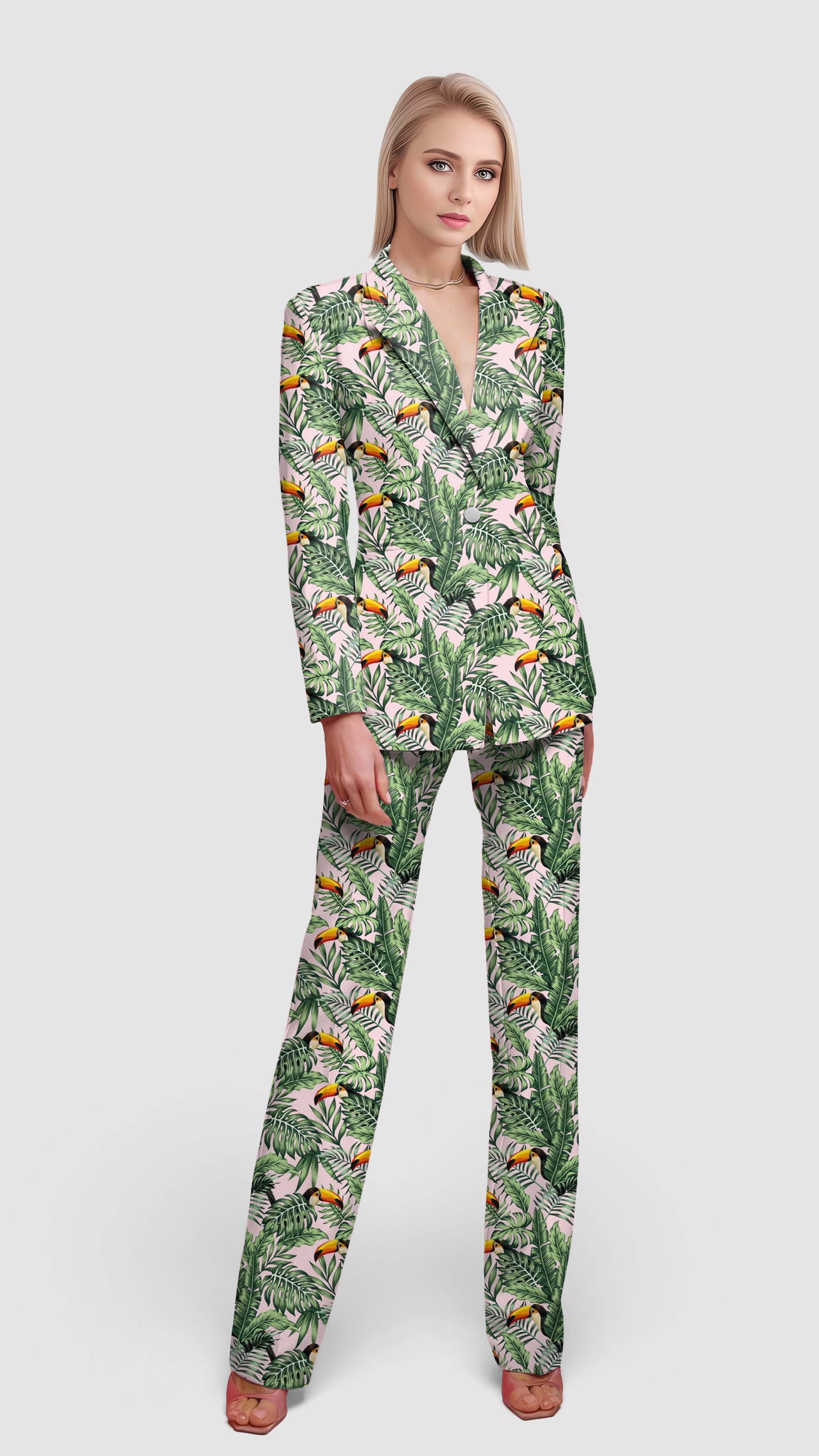 Flamingo green leaves-Women's Blazer Casual Work Office Blazer Suit set