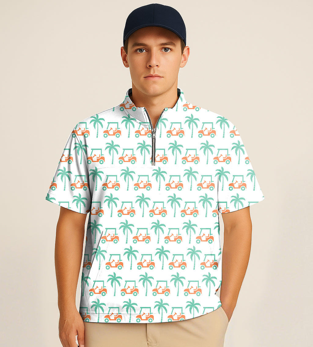 Man wearing half zipper turtleneck golf shirt with palm tree and golf cart embroidery pattern
