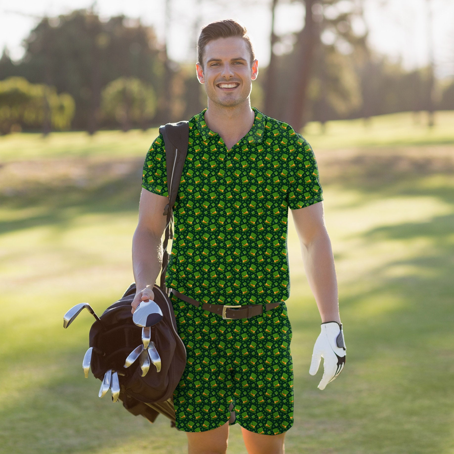 Men's Golf Set with St. Patrick's Day themed polo and shorts featuring leprechaun hat and clover leaf pattern, stretchy, moisture-wicking, and UV-protective fabric