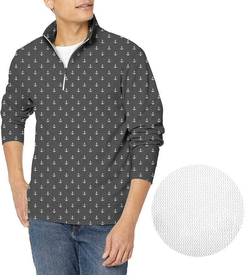 Black Anchor men's golf waffle zipper pullover with anchor pattern and textured fabric close-up