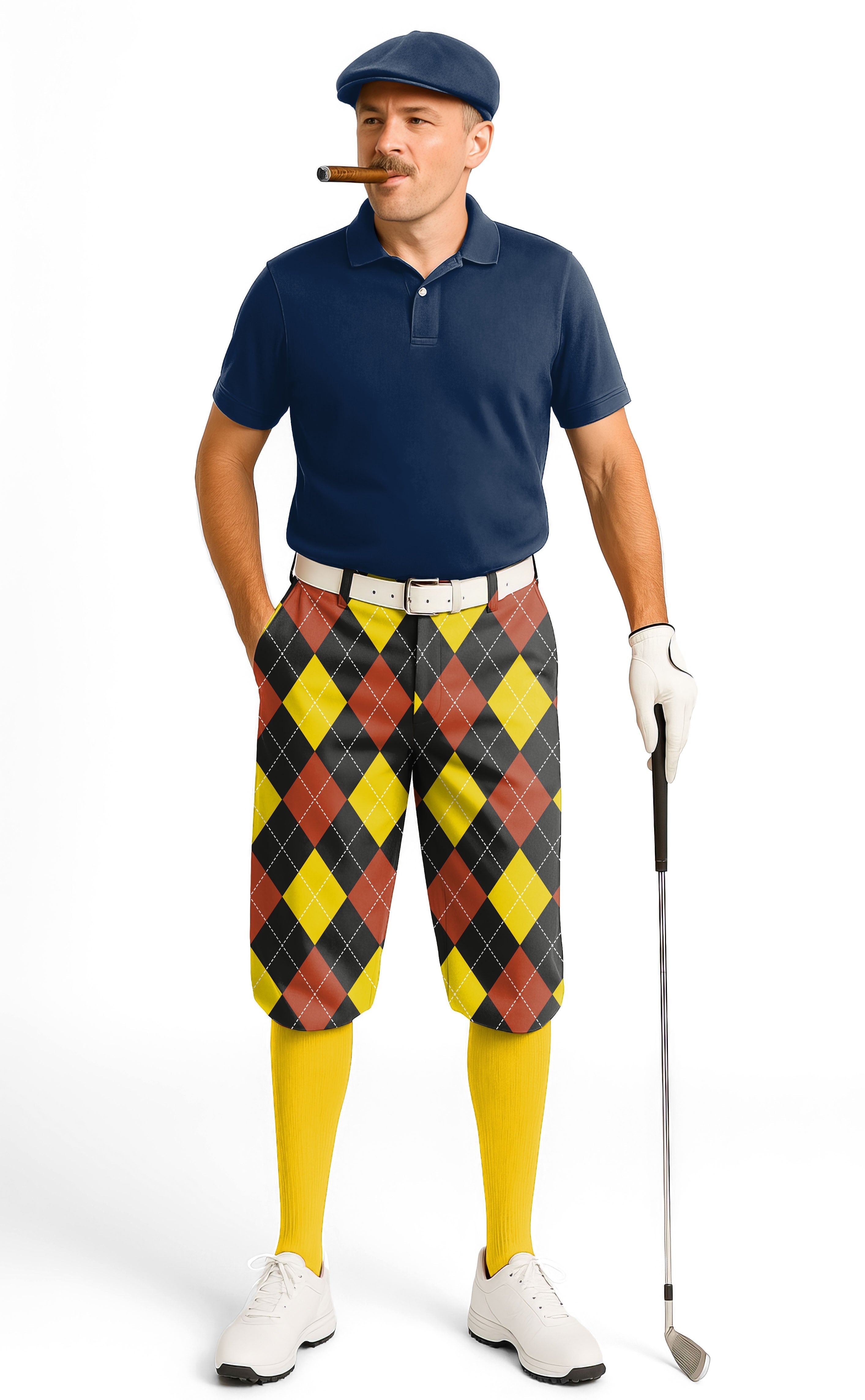 man wearing red argyle men's golf knickers with blue polo shirt and yellow socks holding golf club