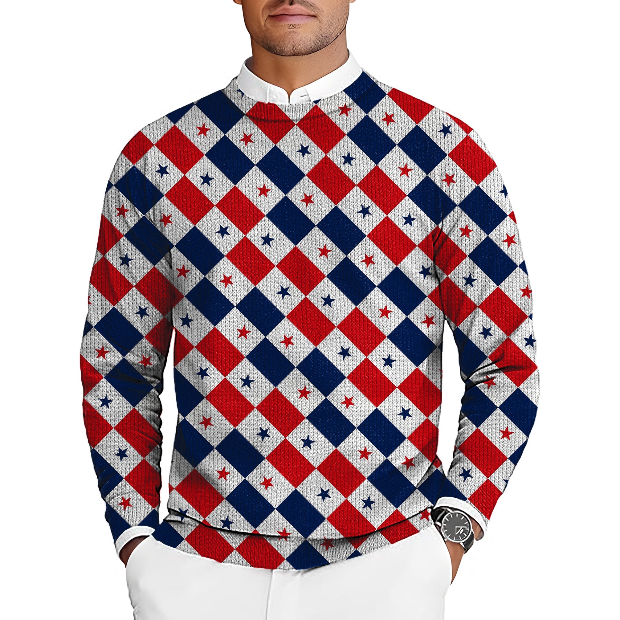 Argyle US Star flag men's golf crewneck pullover sweater with red, white, and blue star pattern