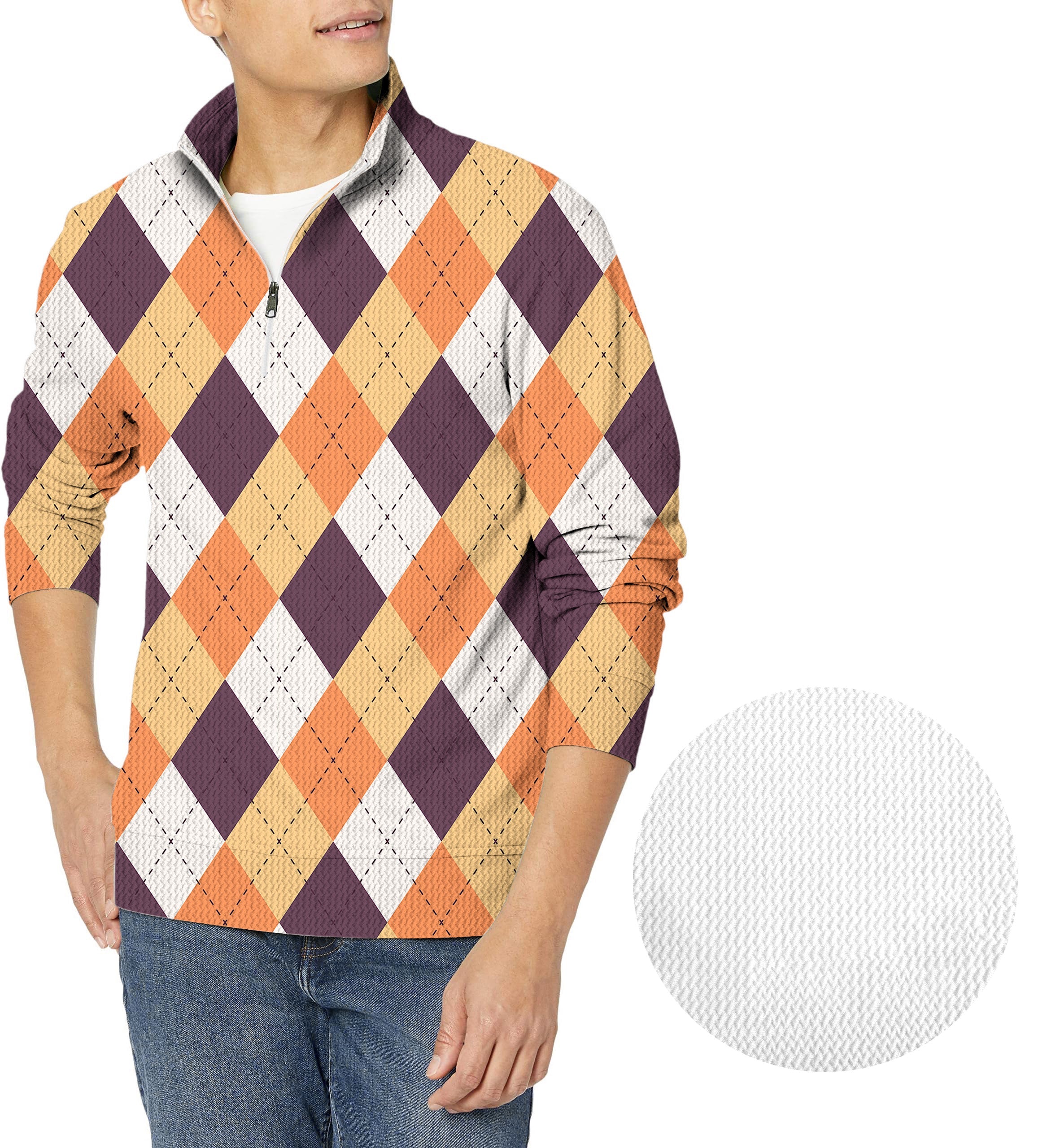 Halloween orange white brown argyle men's golf waffle zipper pullover sweater