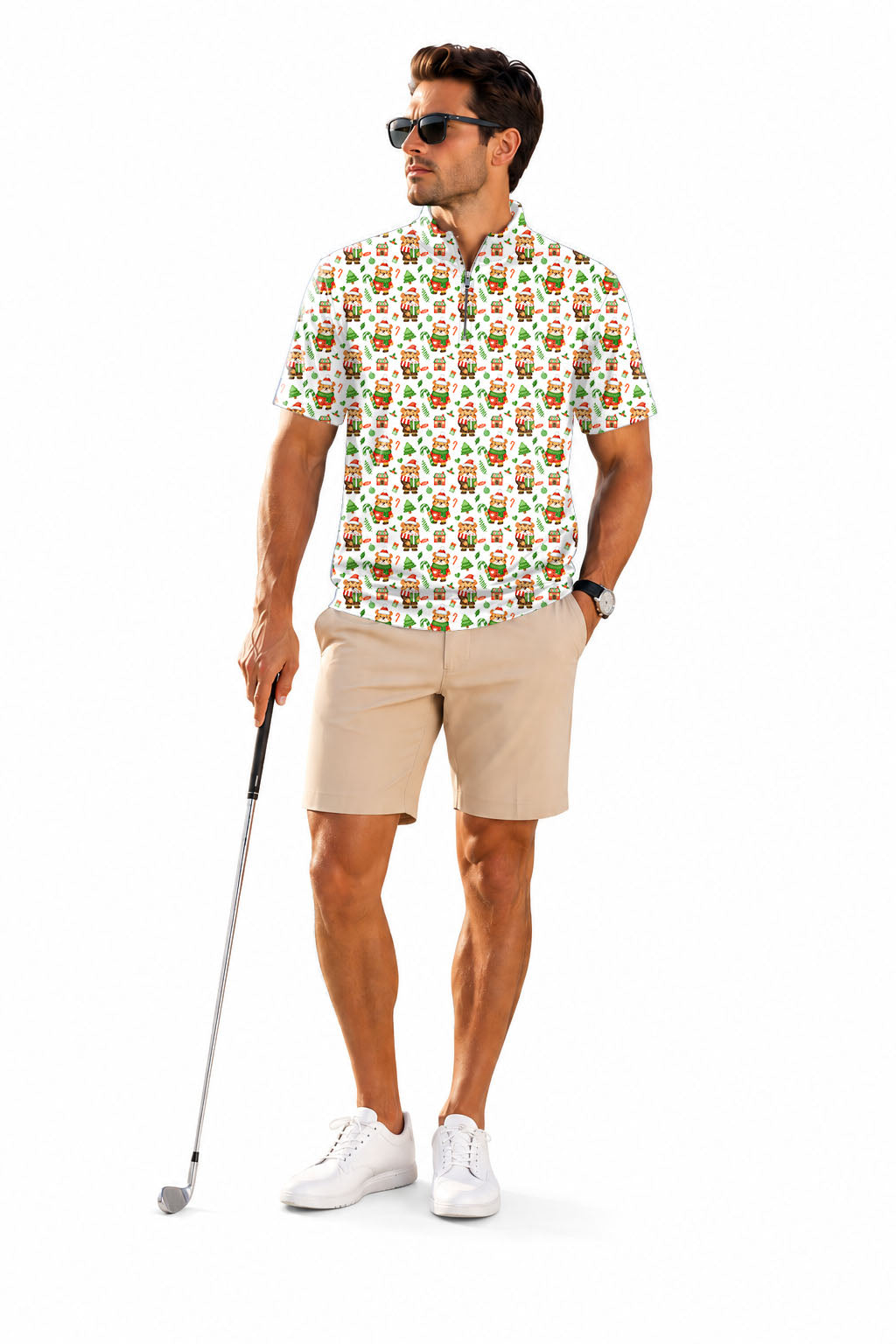 Men's Short Sleeve Quarter Zip Golf Pullover Christmas tiger Embroidery
