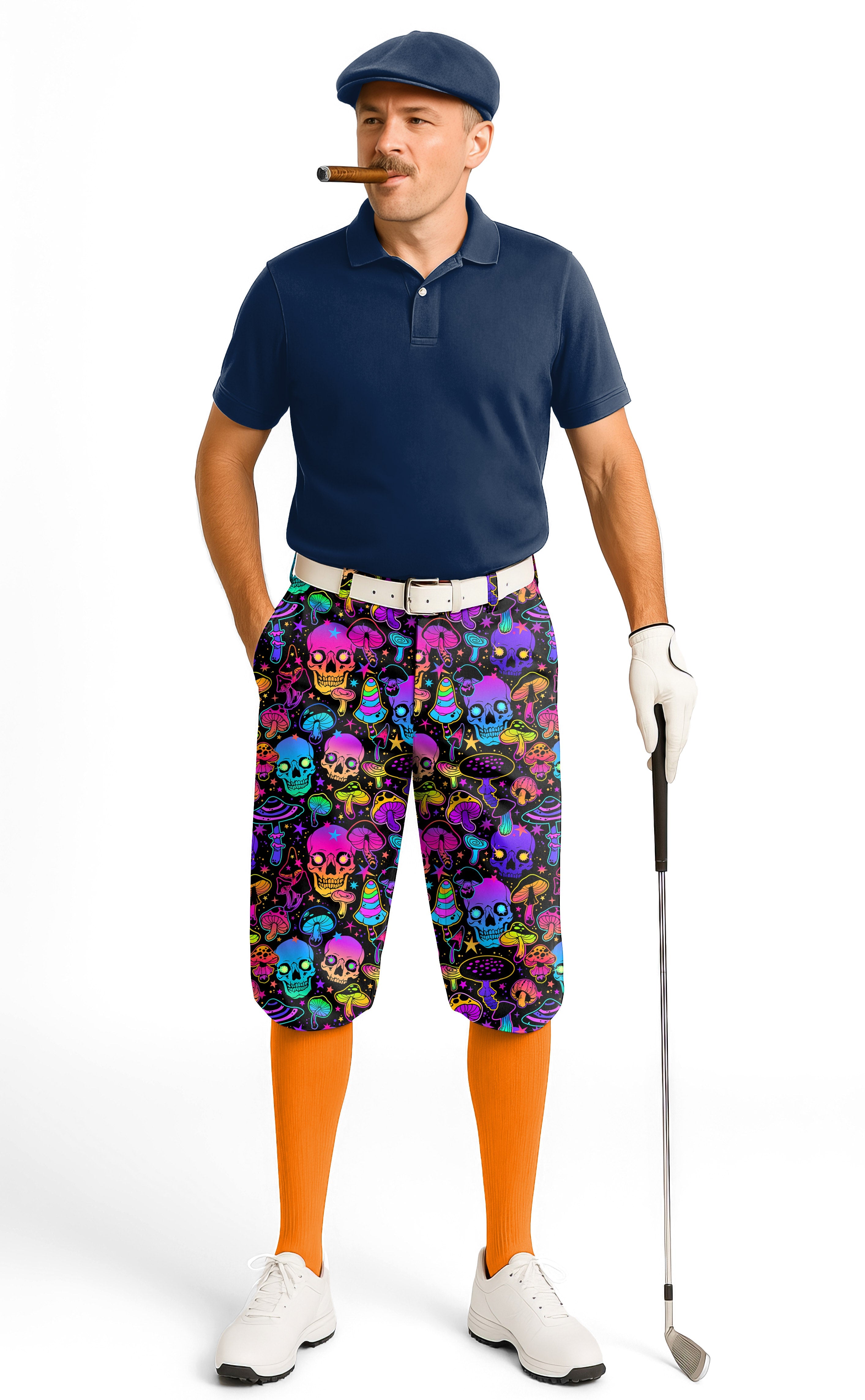 neon skull men's golf knickers pants with bright multicolor skull design, snug ankle cuffs, and adjustable Velcro waistband