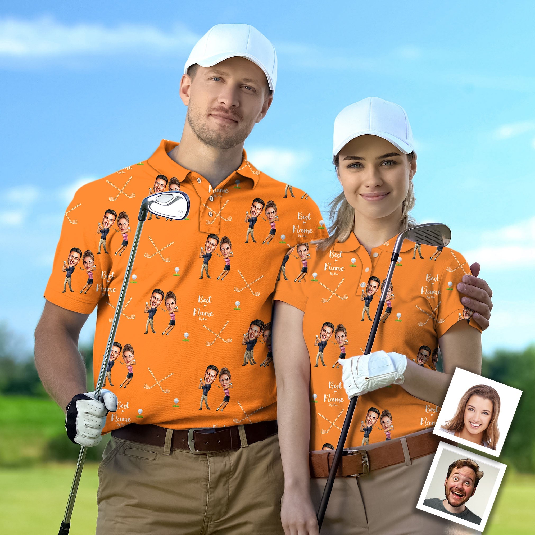 Custom orange golf polo couple set with personalized cartoon faces and names, stretchy and moisture-wicking fabric, perfect for tournaments and business casual golf events
