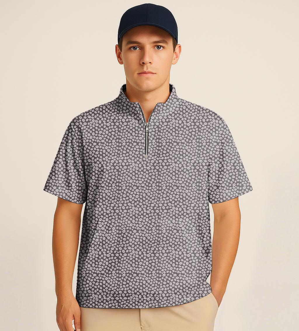 Male model wearing half zipper turtleneck golf shirt with coffee beans embroidery and short sleeves