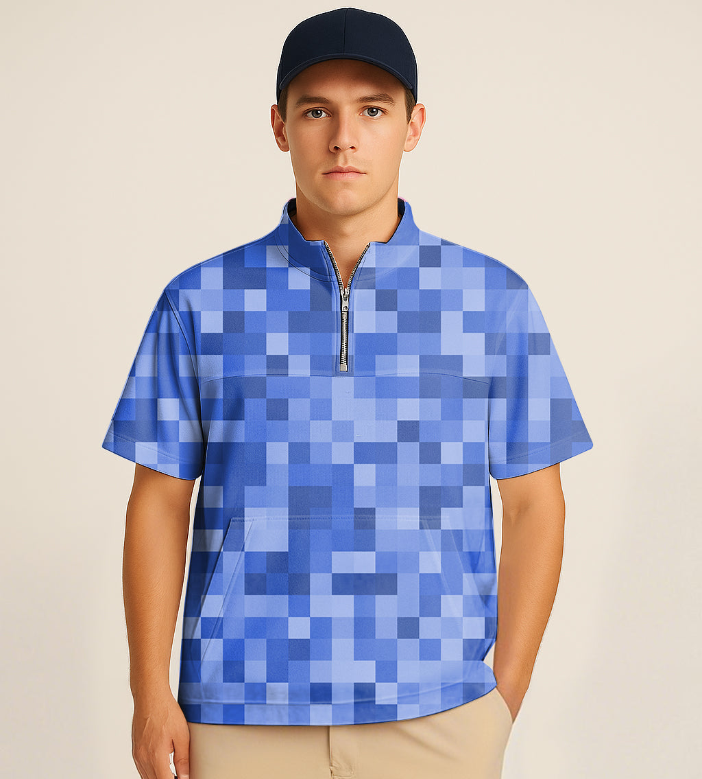 Man wearing navy blue half zipper turtleneck golf shirt with pixel-big embroidery pattern