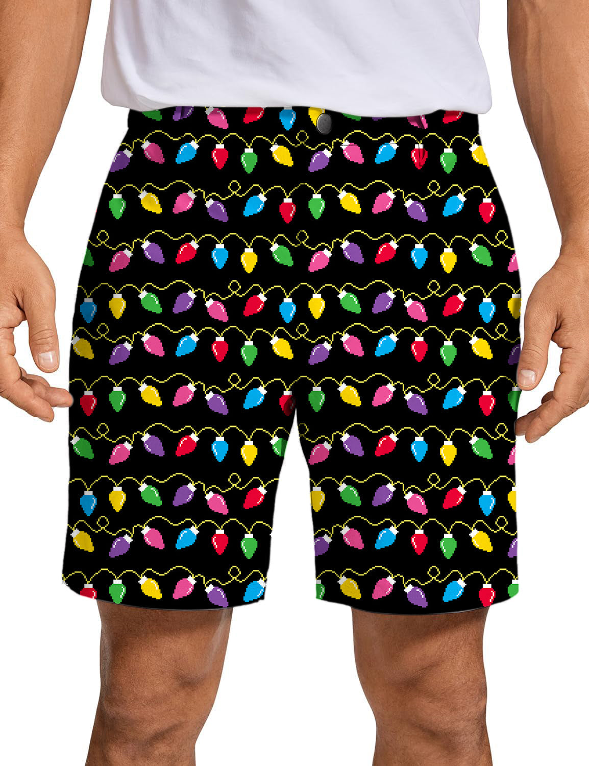 Men's Christmas Lights Golf Shorts with colorful light bulb pattern on black background, quick-dry and breathable fabric, lightweight and stretchy for comfort and performance.