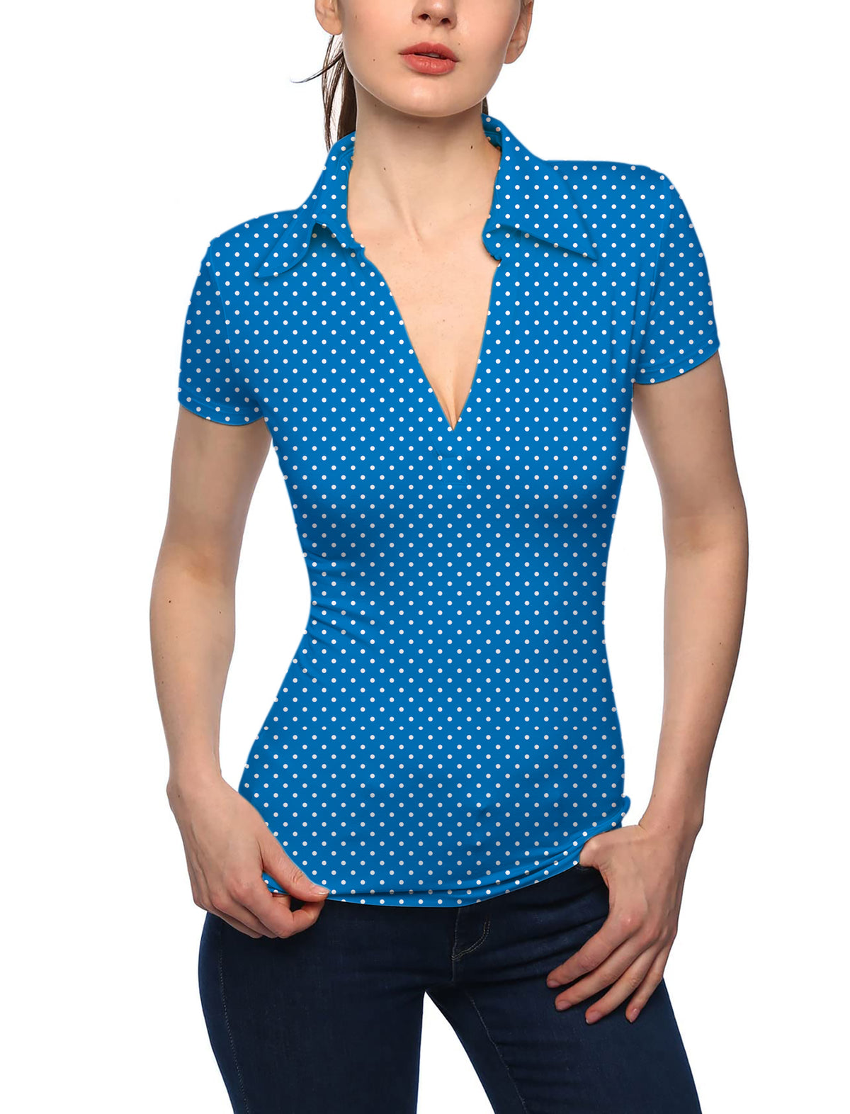 Women's Sky blue with white polka dots V Neck Golf Polo