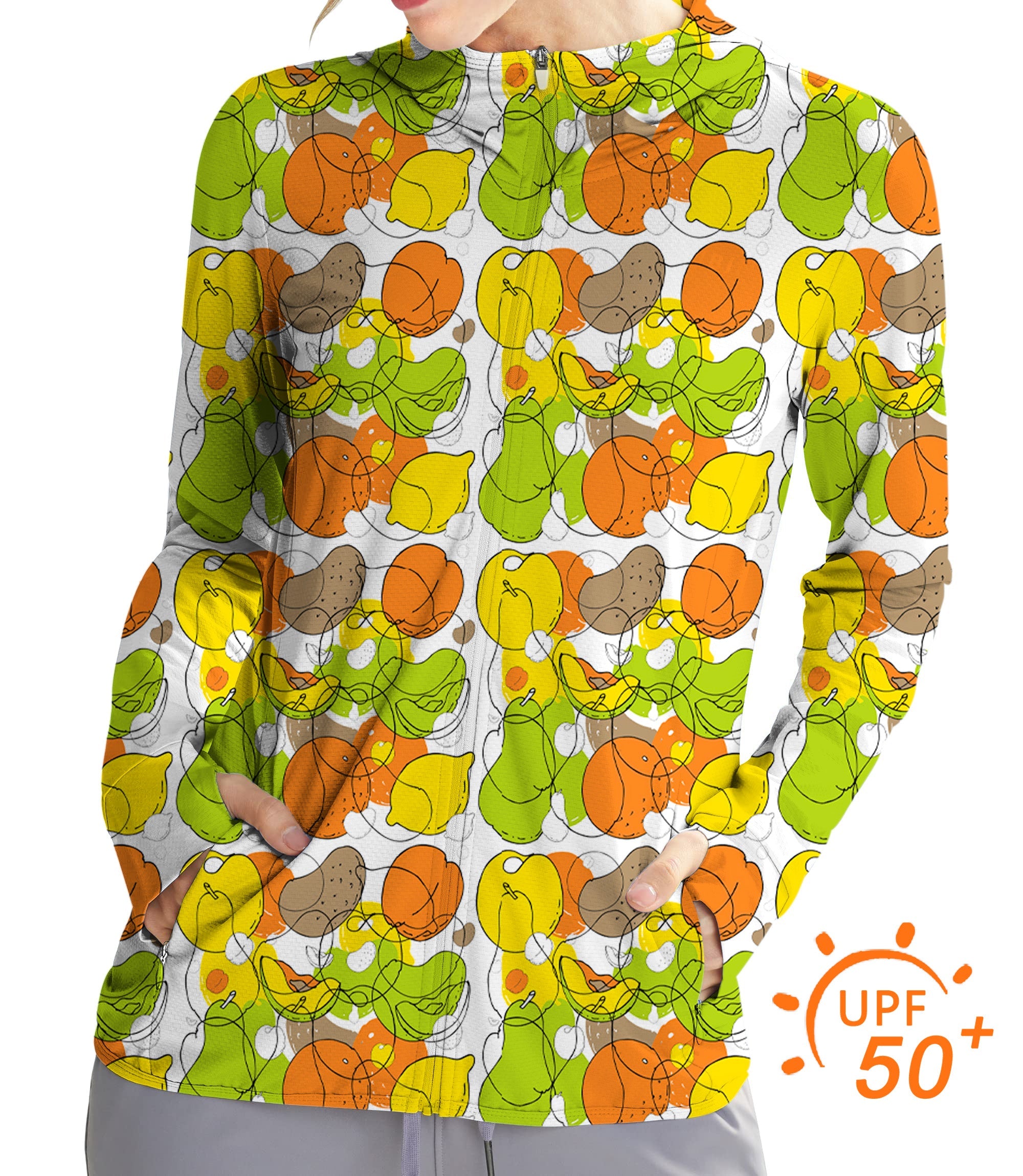 Women's outdoor colorful fruit print golf sun protection slim fit zip hoodie with UPF 50+ fabric