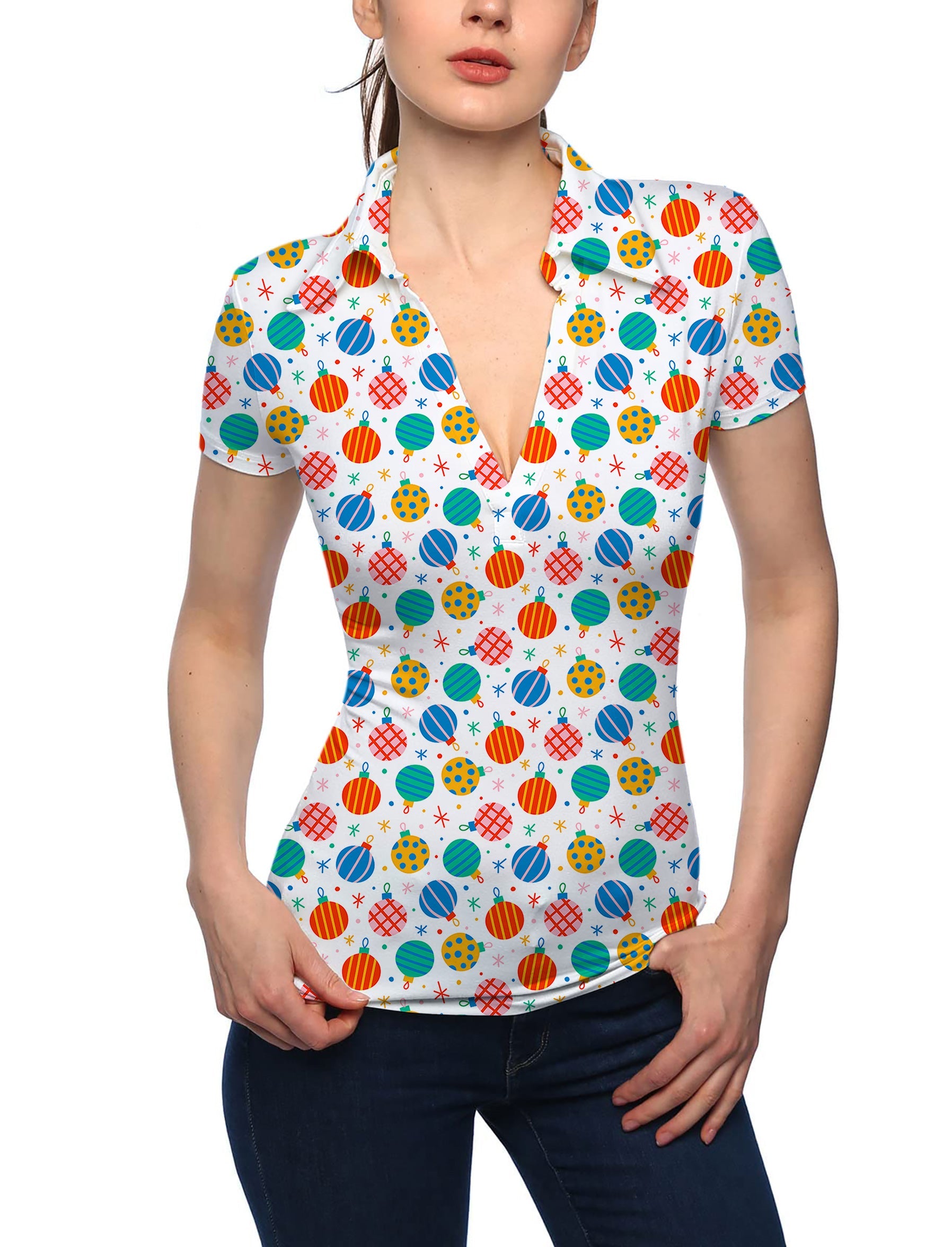 Women's Christmas Decoration V neck golf polo shirt with colorful ornament print and short sleeves