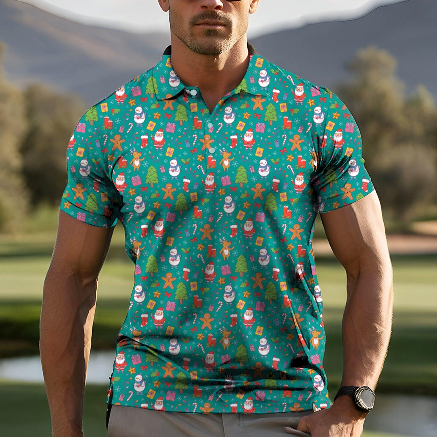 Men's Merry Christmas golf polo with festive holiday print, moisture-wicking fabric, 4-way stretch, UPF 40+ protection, and wrinkle-resistant design for stylish comfort on the course.