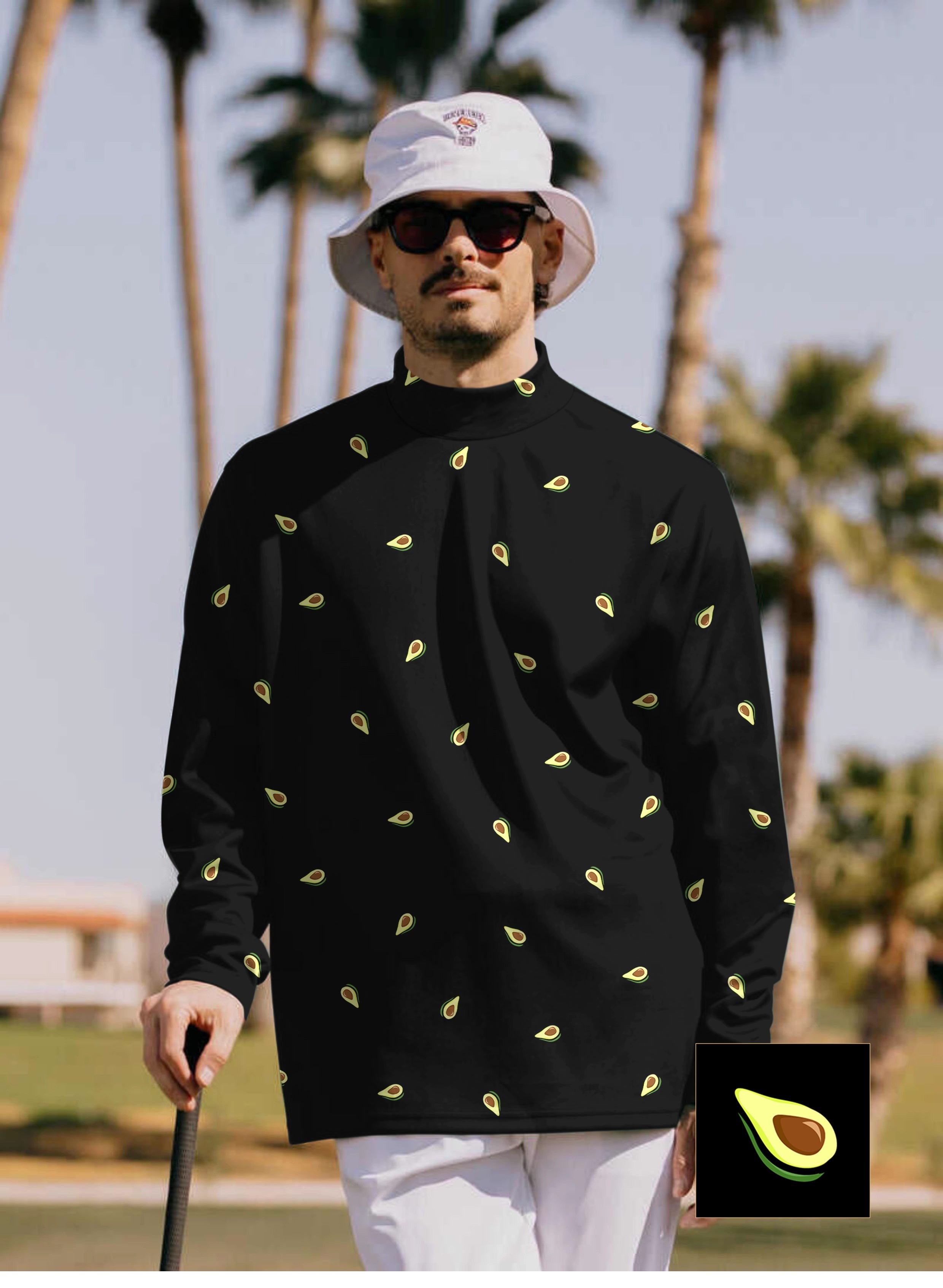 Men's avocado custom high neck pullover t-shirt with avocado print