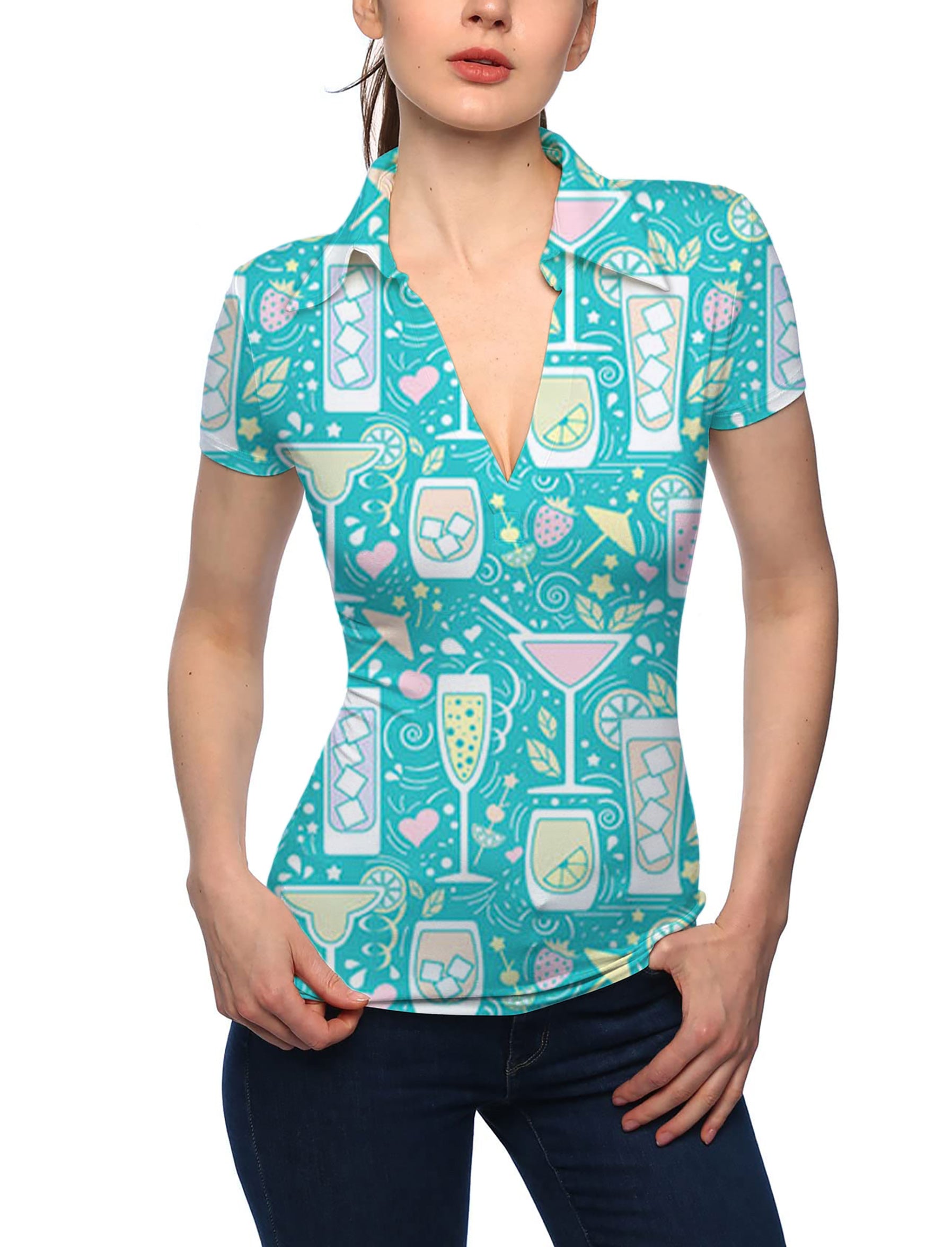 Women's Cocktails-Hello-Summer V Neck Golf Polo