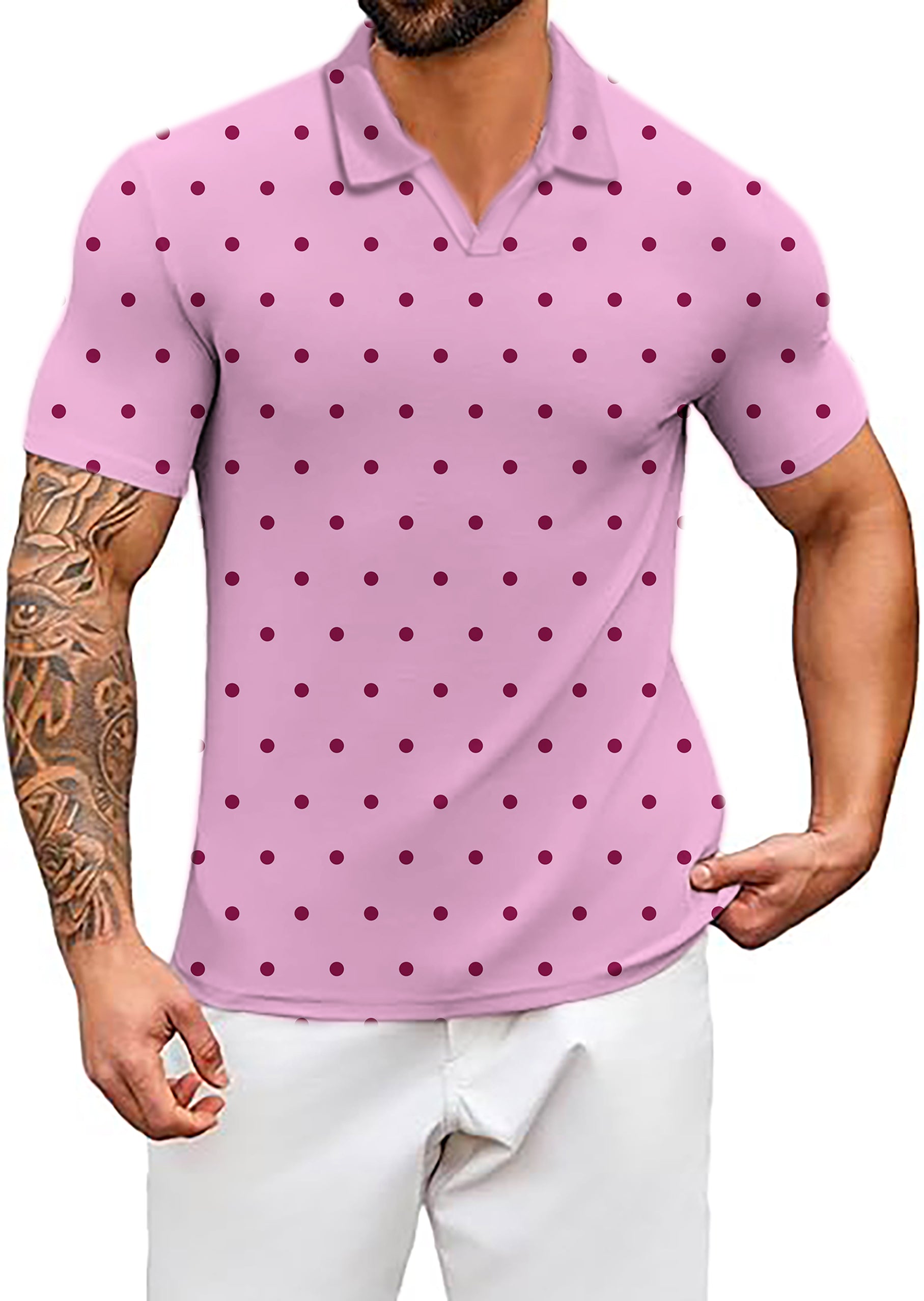 Men's Pink Polka Dots V Neck Golf Polo Shirts