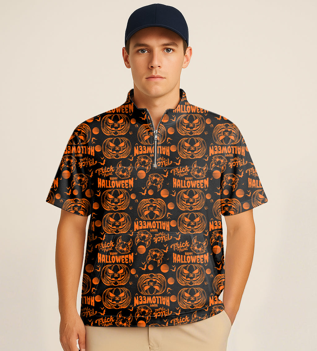 Half zipper turtleneck golf shirt with Happy Halloween pumpkin embroidery and short sleeves