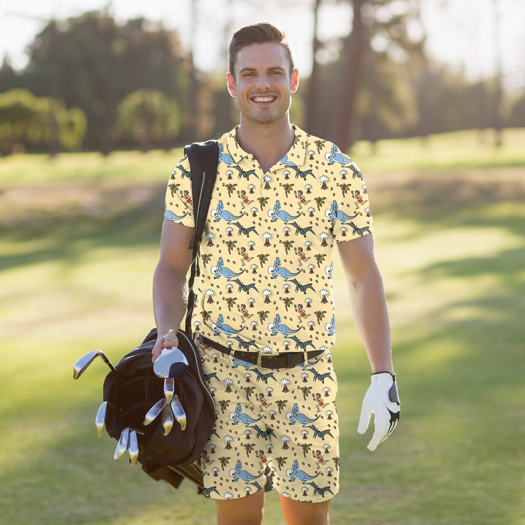 Men's Golf Set with dinosaur print polo and shorts made from stretchy, moisture-wicking, wrinkle-resistant fabric with UPF 40+ protection.