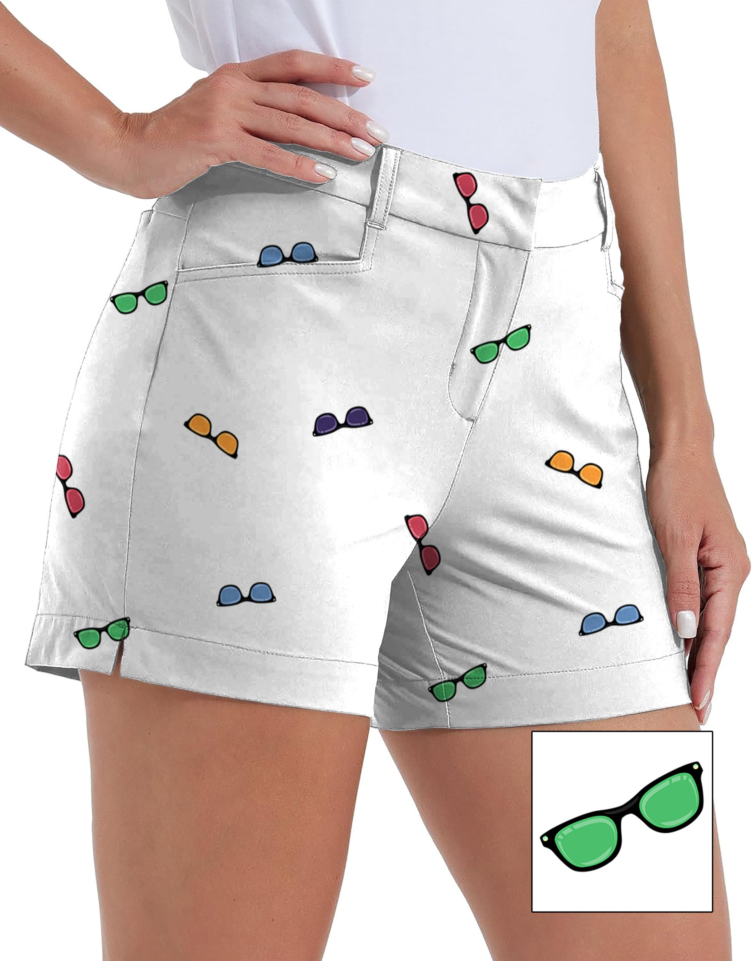 Women’s quick-drying golf shorts with colorful sunglass custom print and pockets