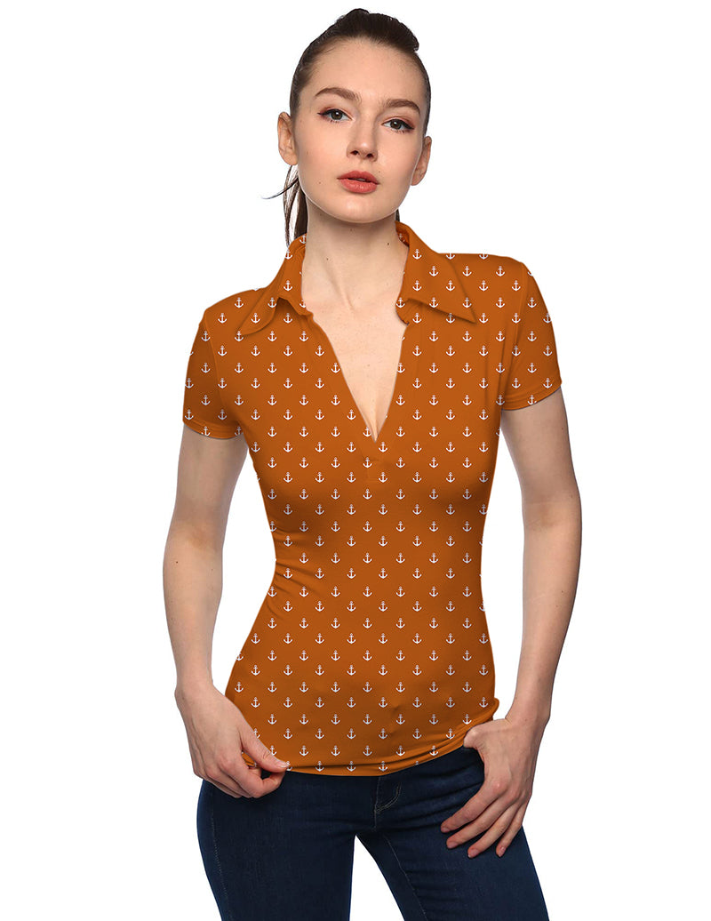 Women's orange anchor print V-neck golf polo shirt with short sleeves and stand collar
