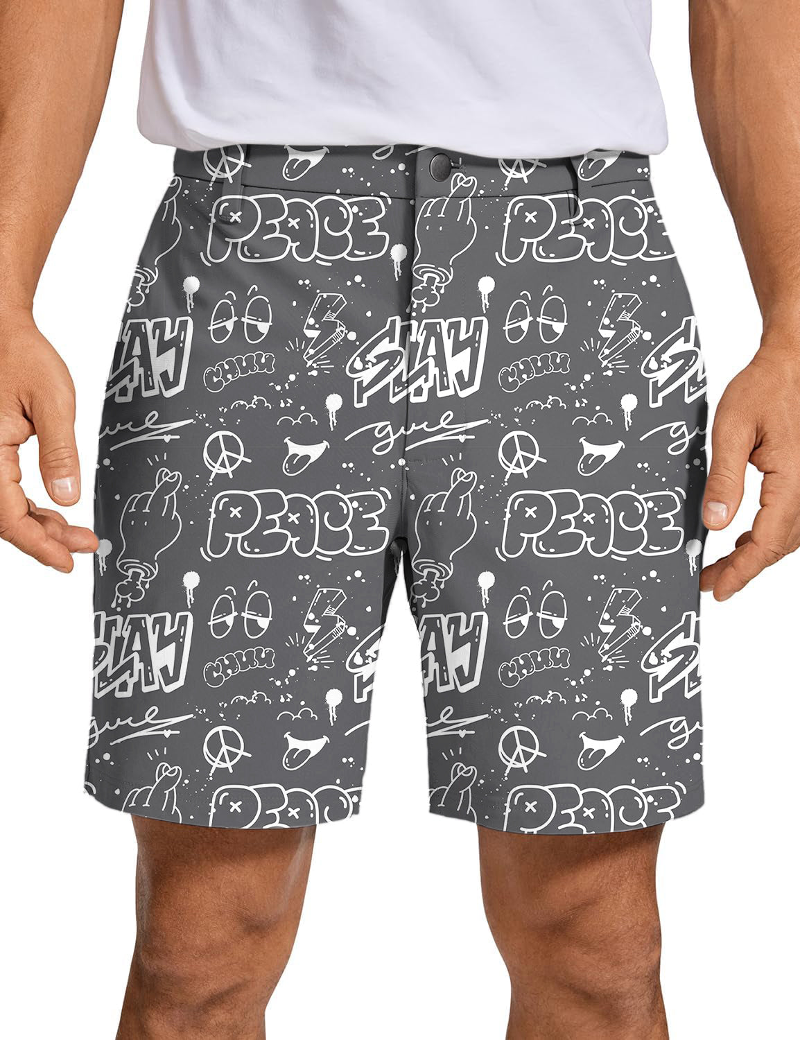 Men's gray golf shorts with peace and slay graphic design, quick-dry and lightweight fabric for comfort and style.