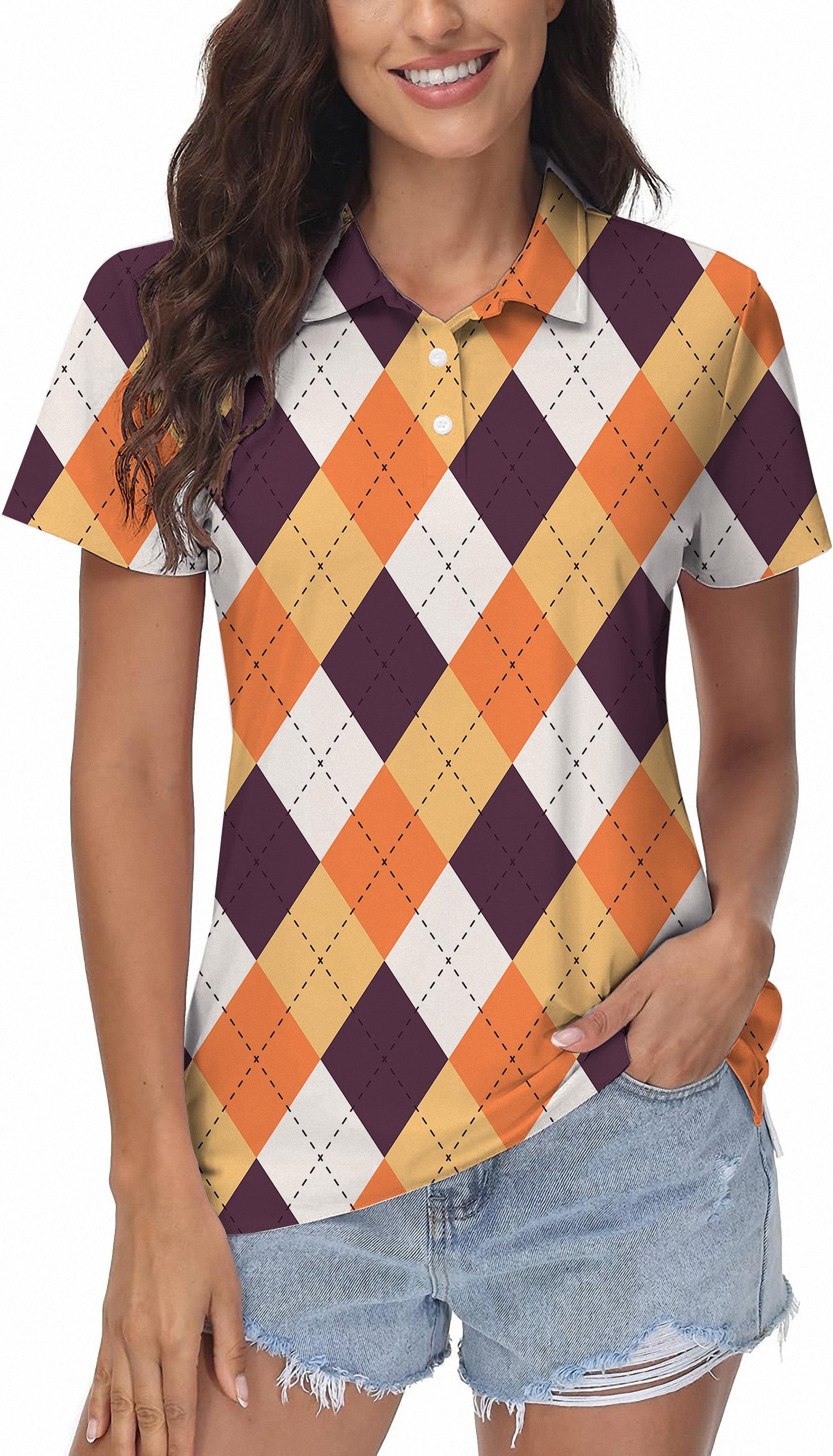 Halloween orange white brown argyle women's golf polo shirt with short sleeves and classic fit