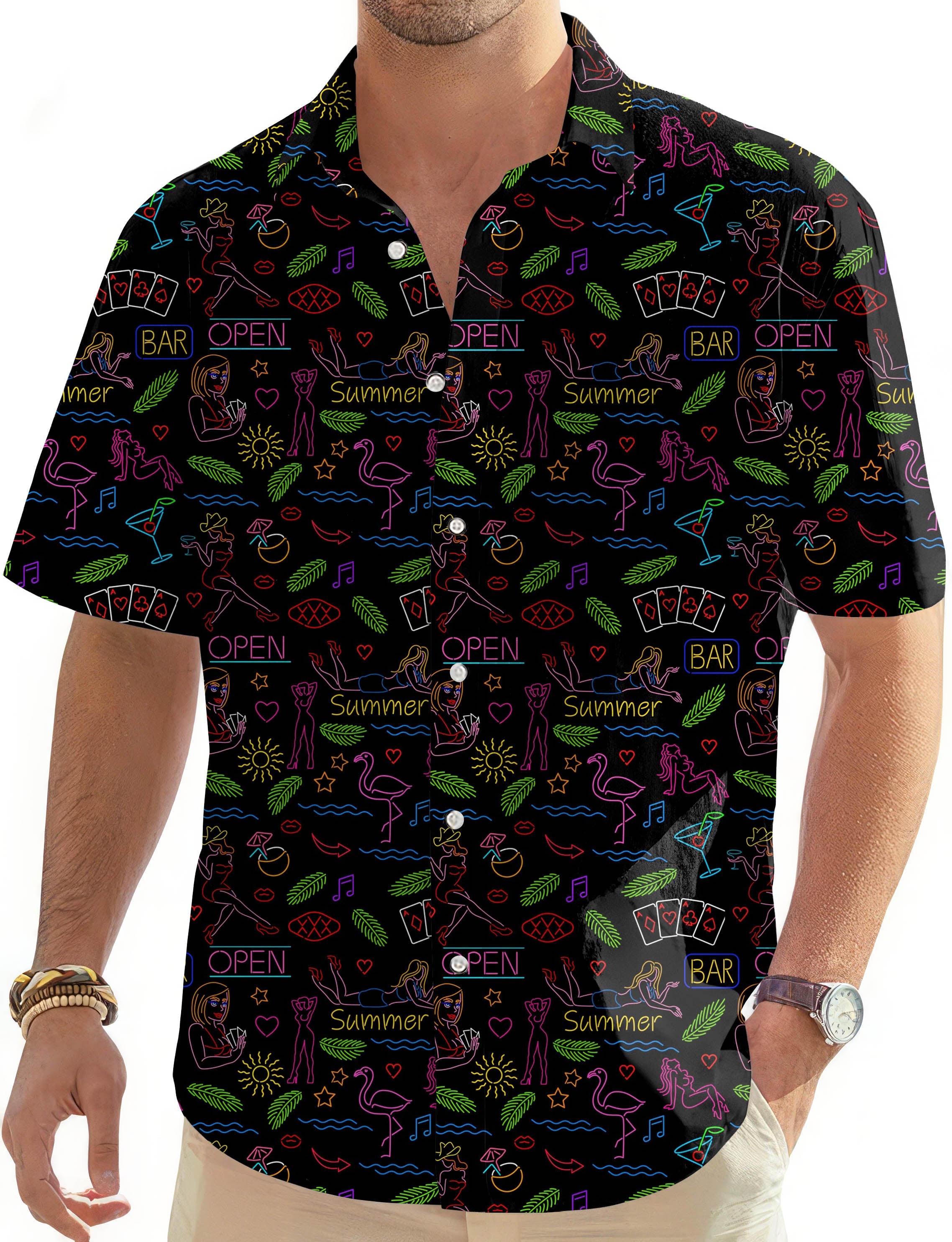 Men's open bar Hawaiian button-down shirt with colorful summer-themed prints