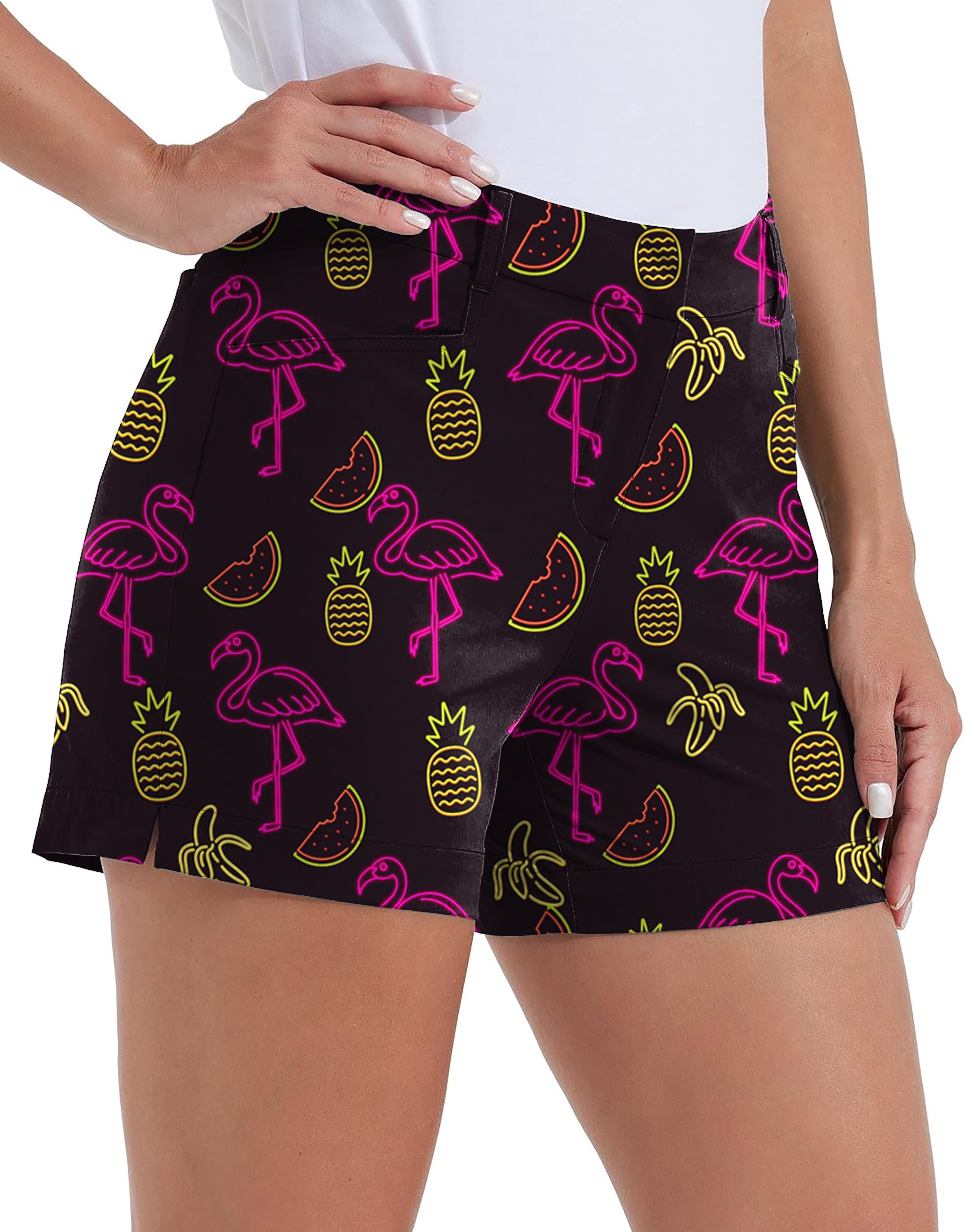 Women's Neon Light Nonsense quick-drying golf shorts with neon flamingo and fruit print, casual outdoor wear with pockets