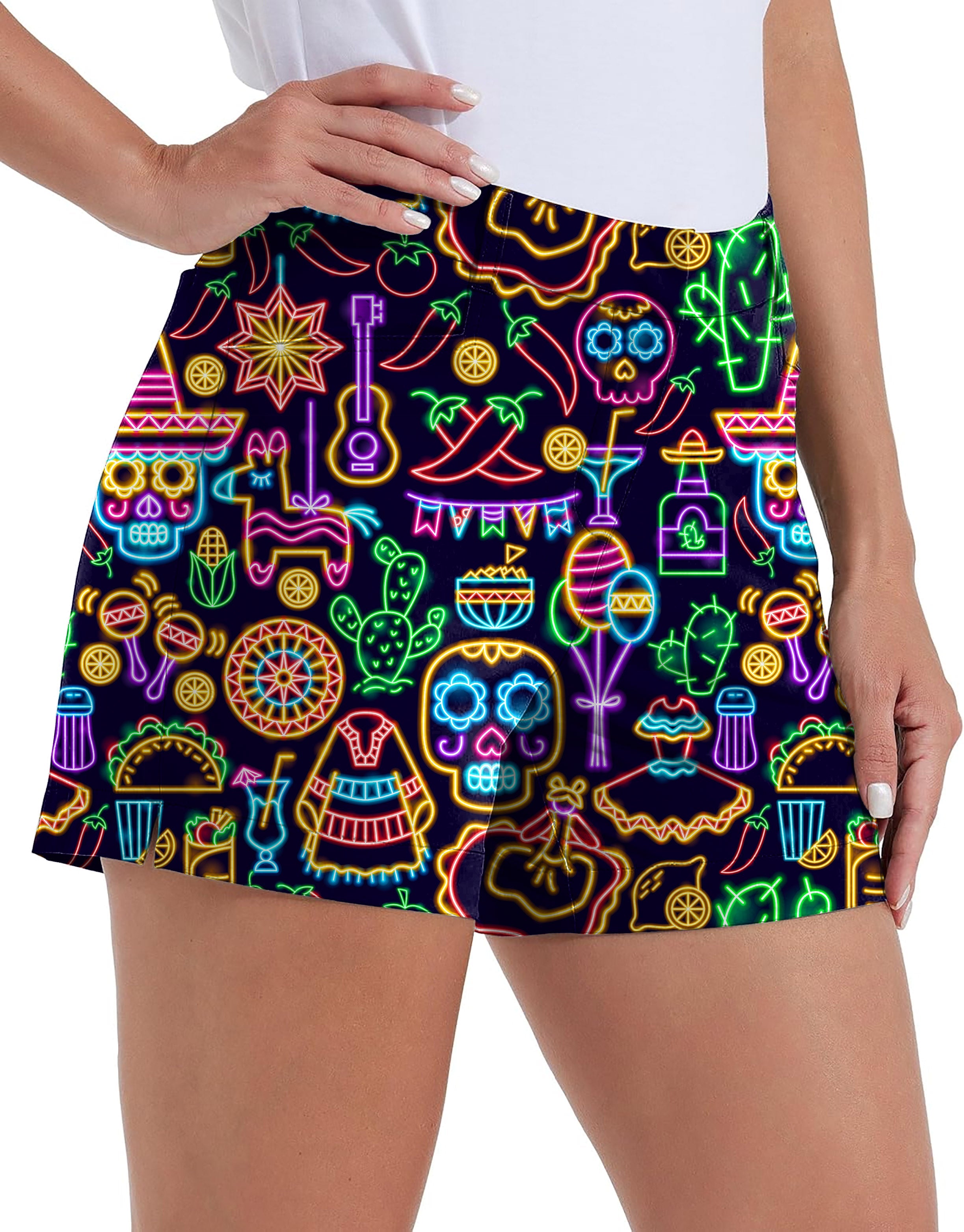 Women's Neon Fiesta Polo quick-drying waterproof golf shorts with colorful neon fiesta print and pockets