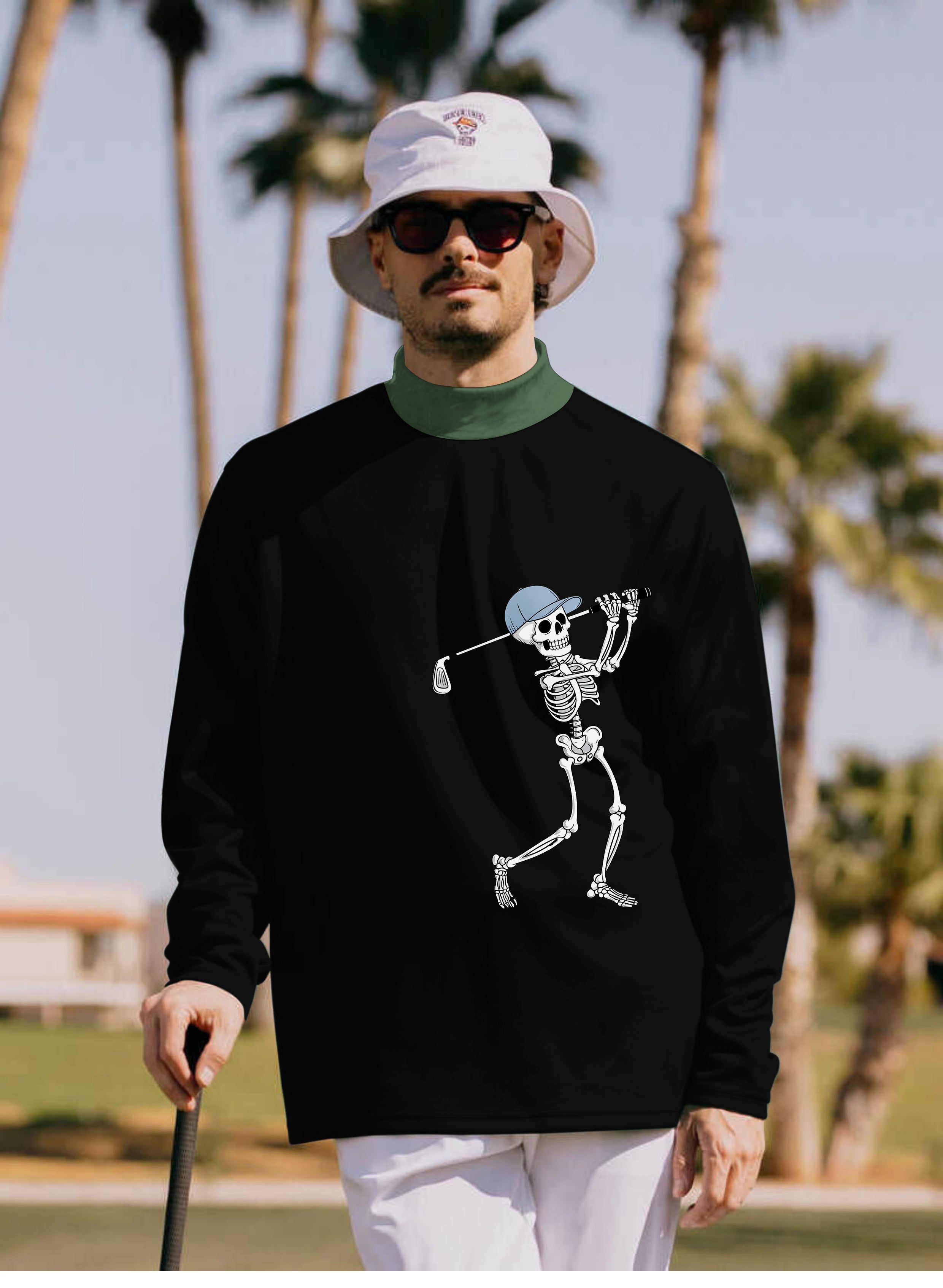 Men's Blue Green Black Halloween Skeleton Golf Pullover High neck Long/Short sleeve T-Shirt