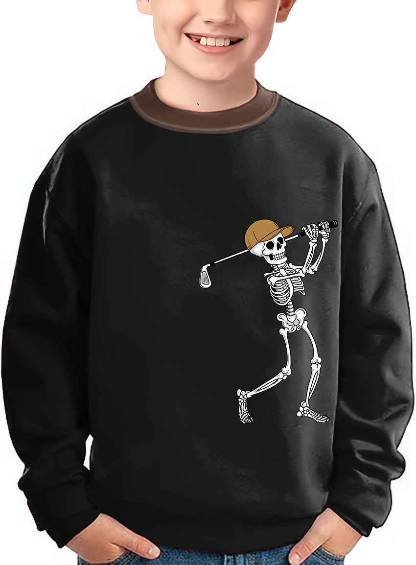 Kids Halloween Skeleton golf crewneck pullover sweater in brown and black colors