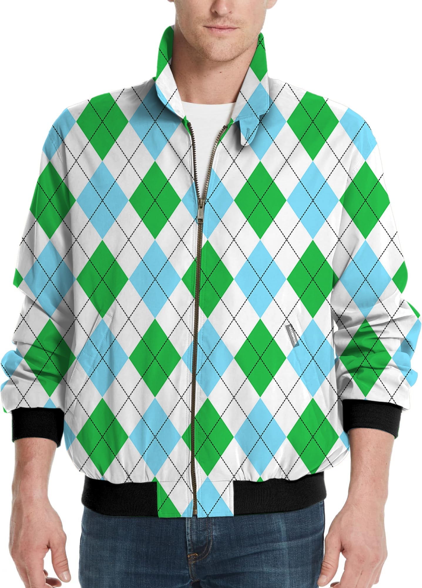 Men's golf windbreaker jacket with green diamond grid pattern and front zipper closure